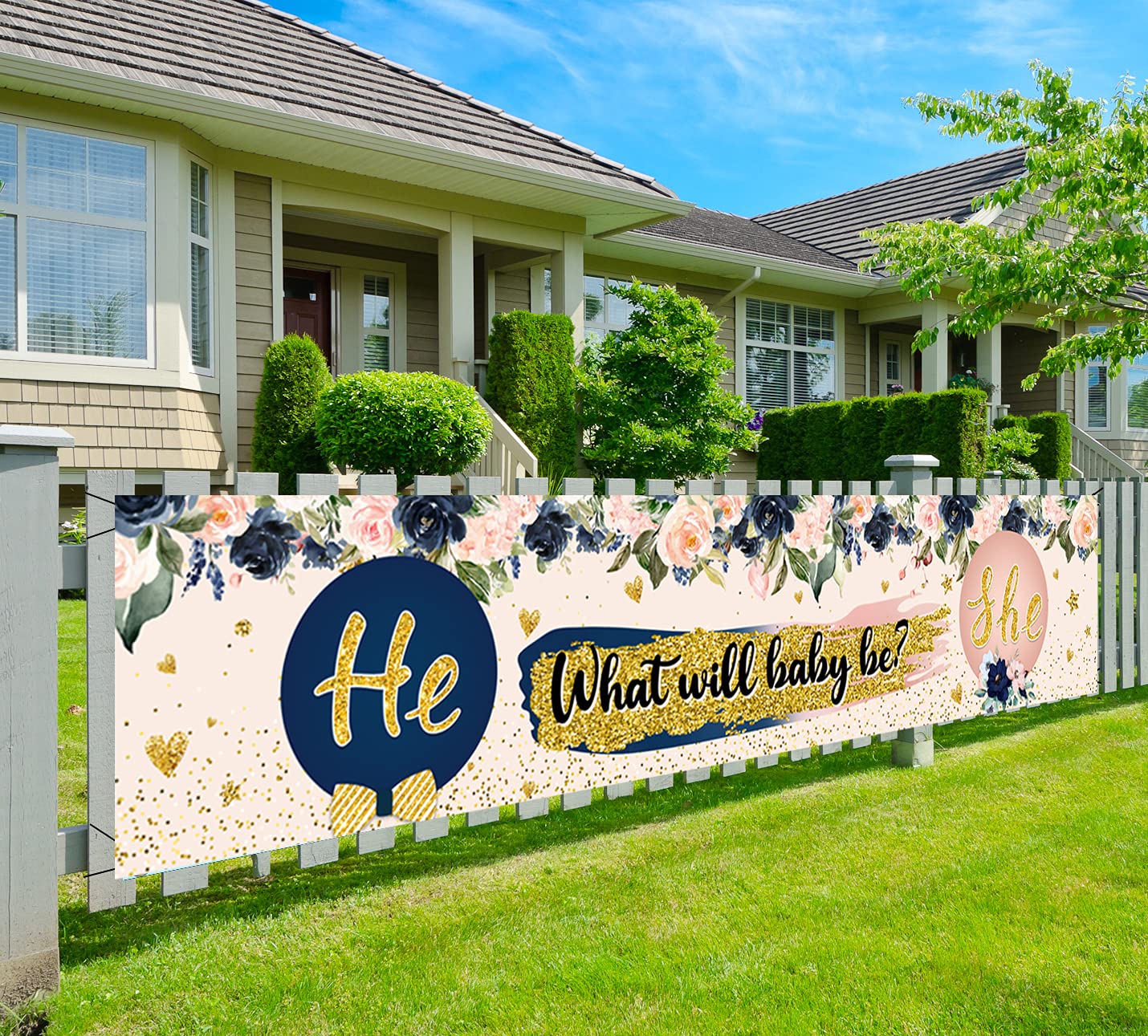 Gender Reveal Decorations, He Or She Gender Reveal Banner Large He Or She Baby Shower Yard Sign Photo Booth Props For Gender Rev