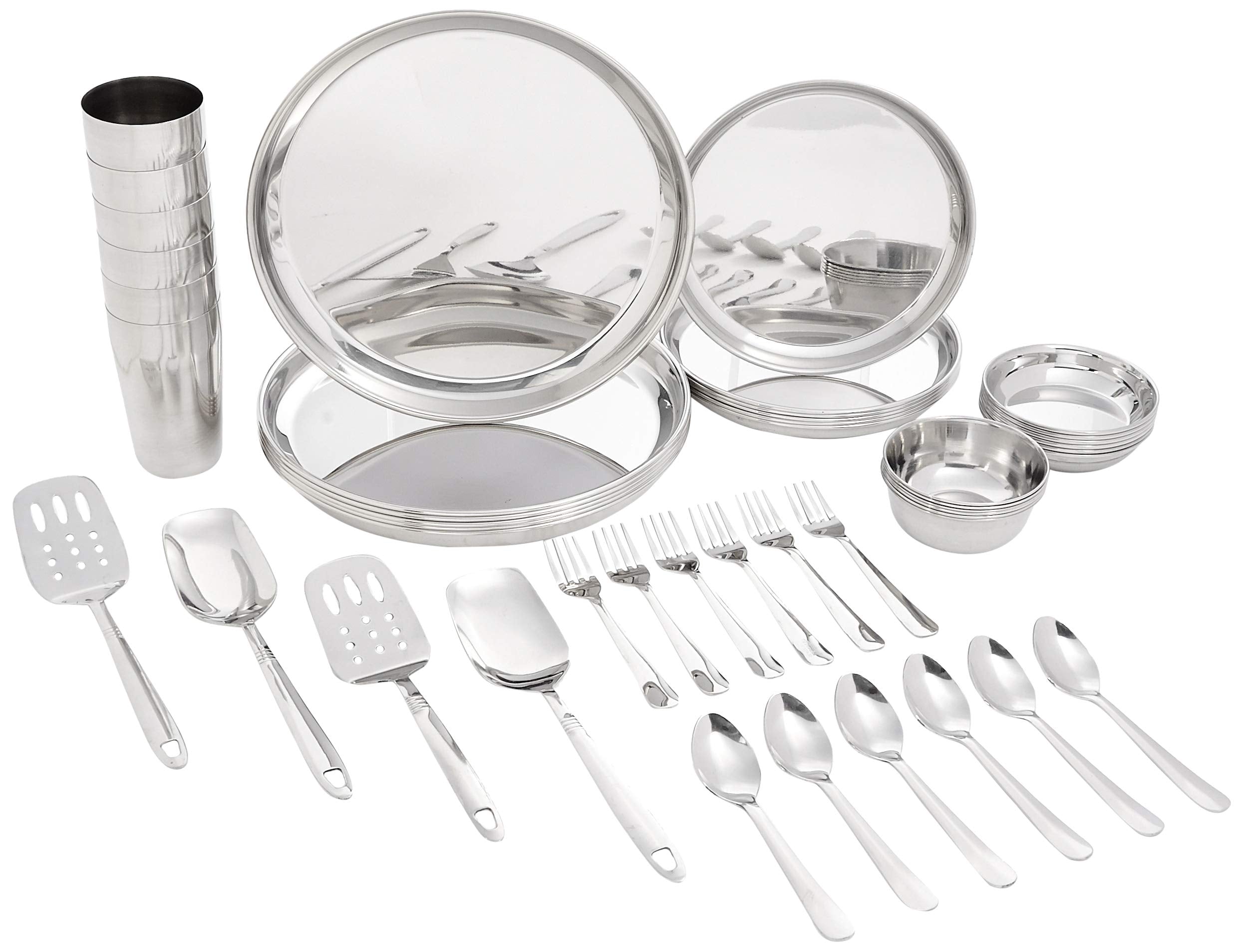 Amazon Brand  Solimo Stainless Steel Dinner Set | Solid | 30 Pieces | Silver