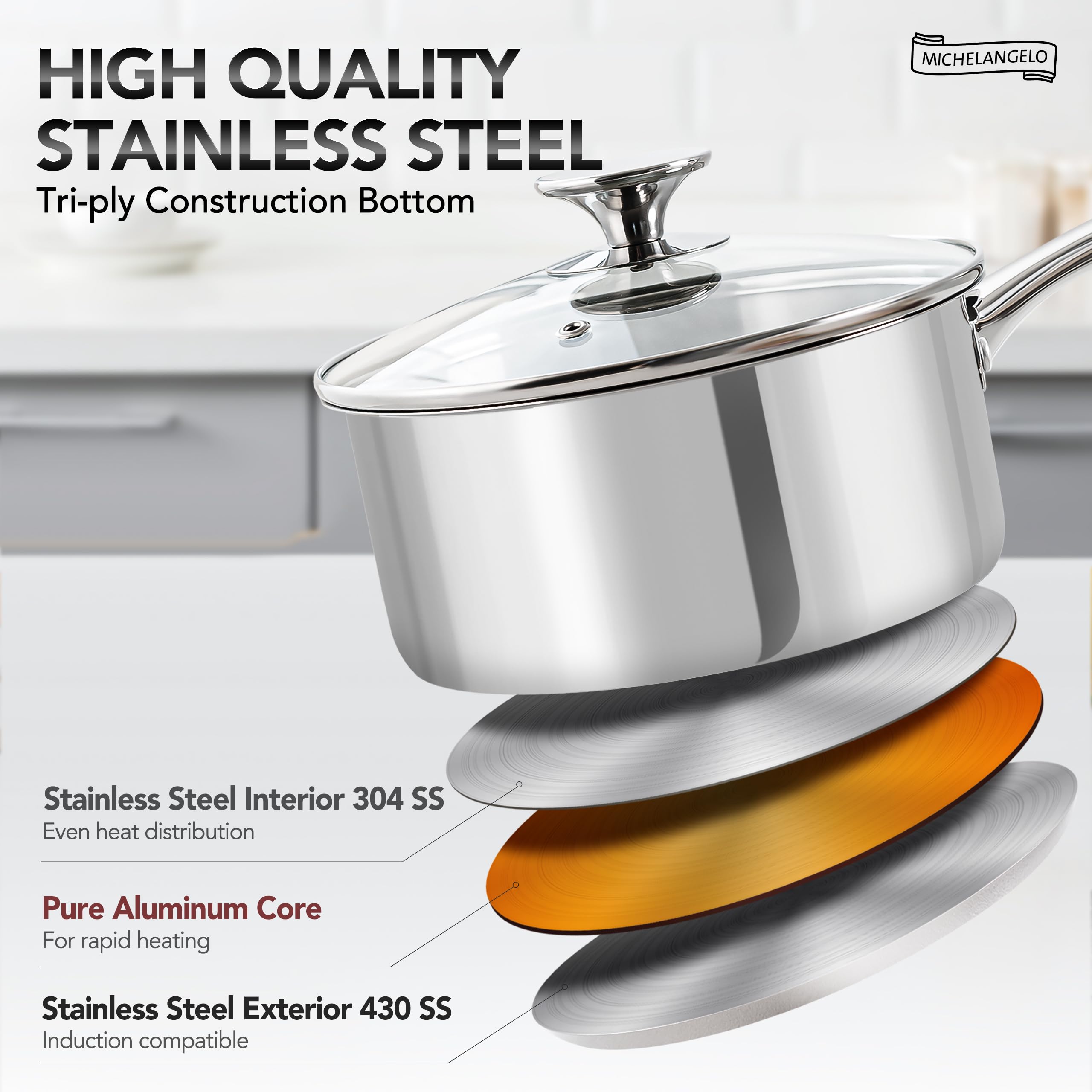 Michelangelo Stainless Steel Saucepan Set With Lids 1Qt & 2Qt & 3Qt, Stainless Steel Sauce Pot Set 6Pcs, Induction Saucepans, No