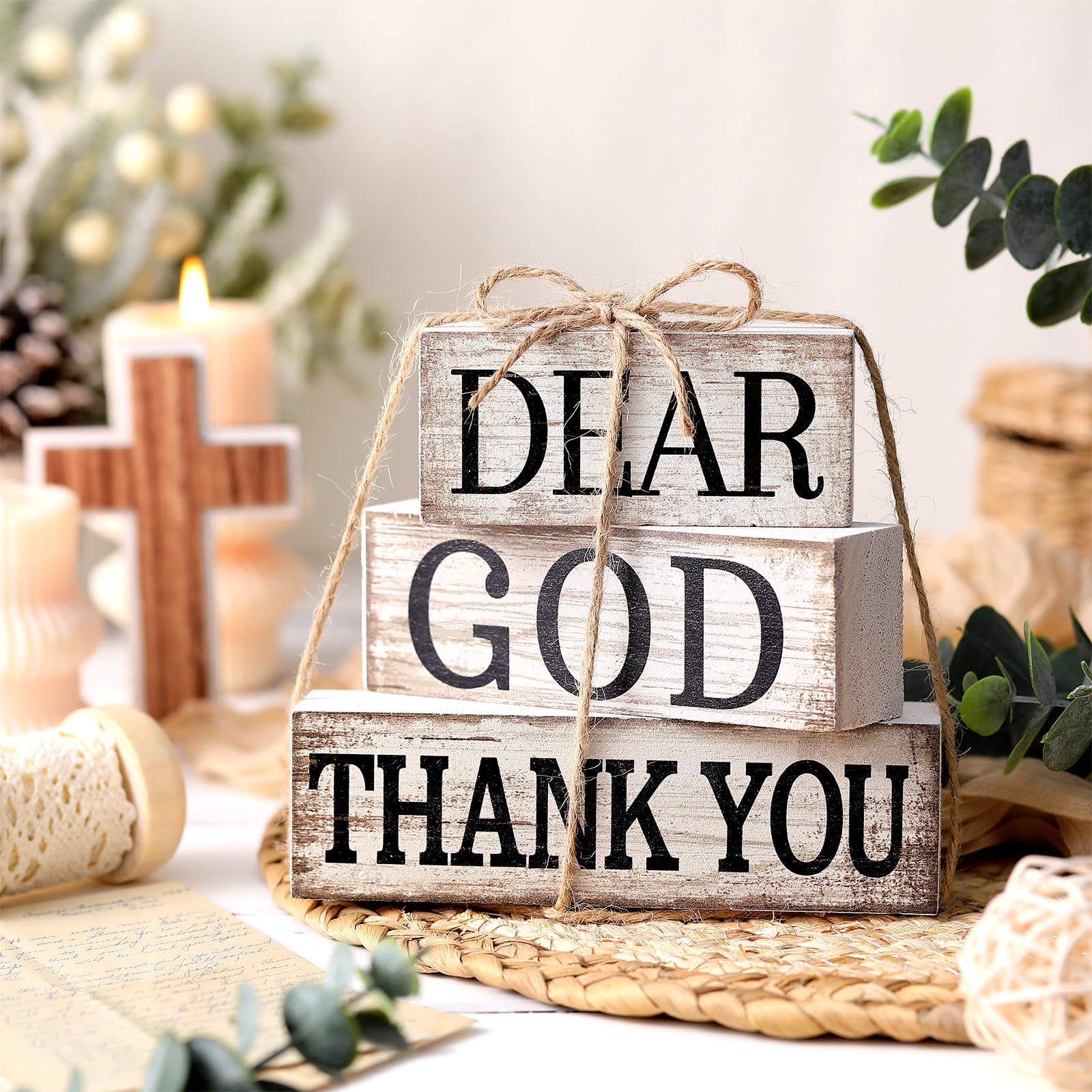 CroBlissful 4 Pcs Farmhouse Wooden Tabletop Decor Inspirational Christian Table Sign Bible Verse Wooden Decor Dear God Thank You