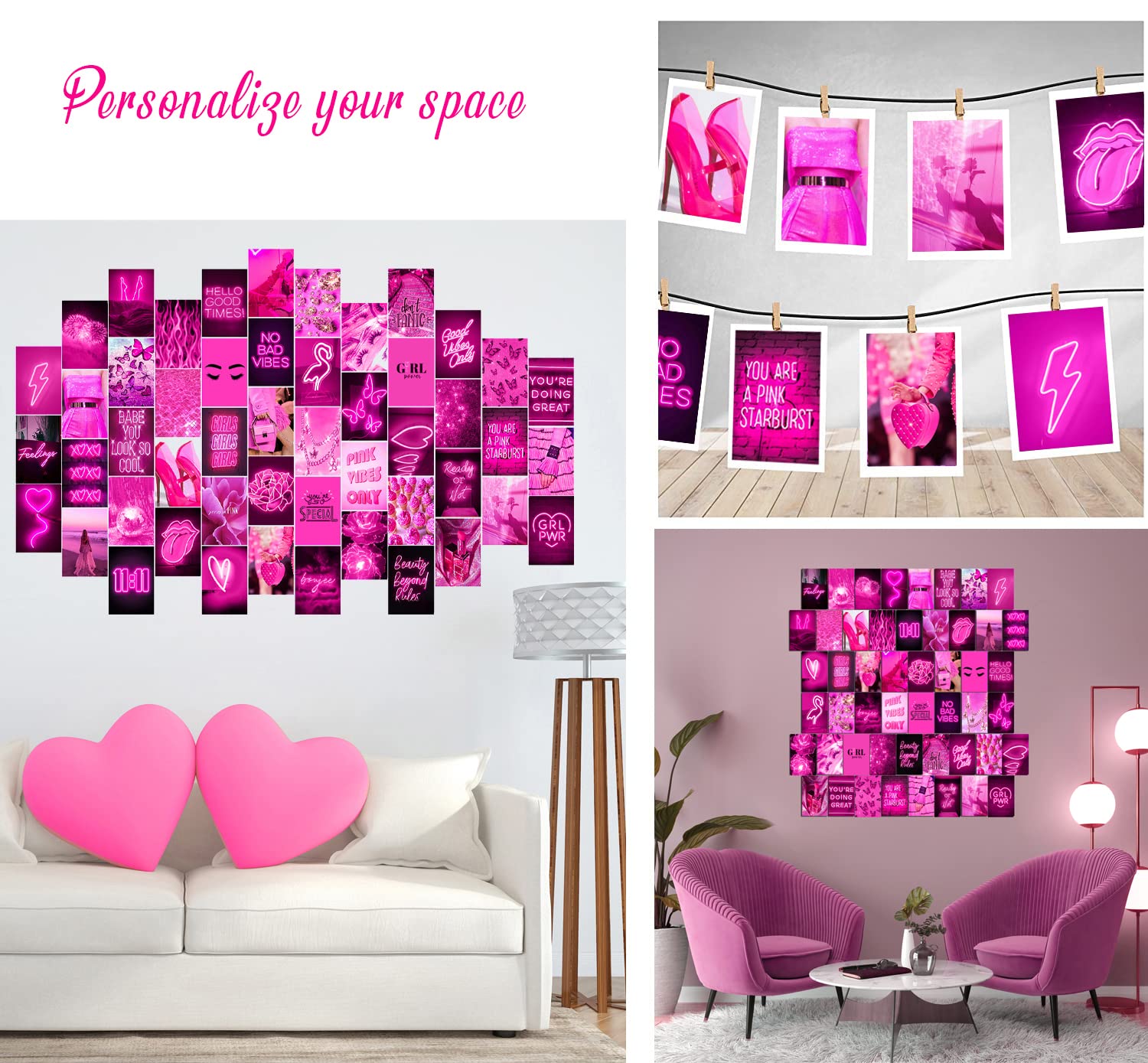 Woonkit Pink Wall Collage Kit, Pink Neon, Hot Pink Room Decor, Bedroom Decor For Teen Girls, Pink Room Decor Aesthetic, Pink Pos