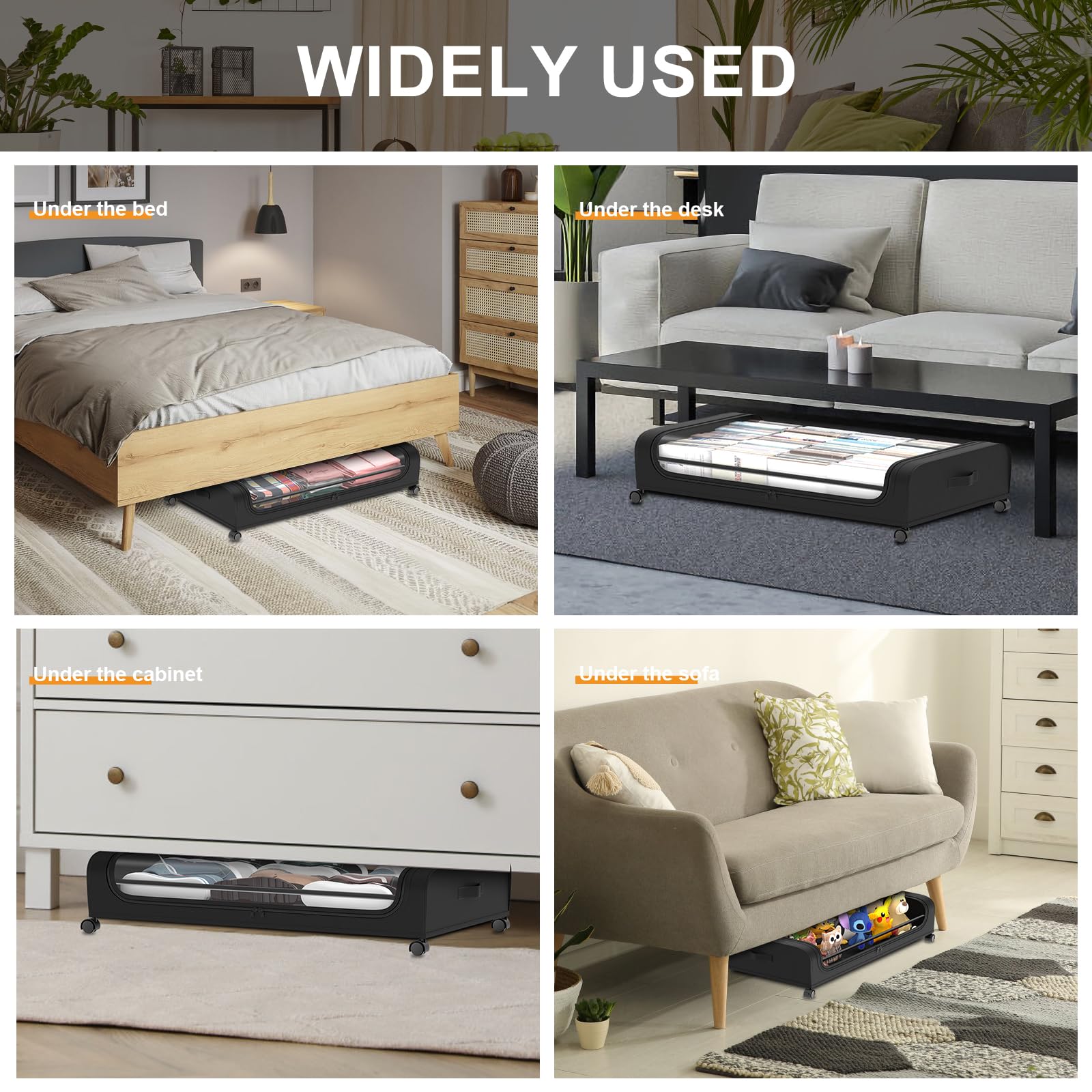 Fulpower 2 Pack Under Bed Storage Containers, Large Under Bed Storage with Wheels, Metal Under Bed Rolling Storage with Lid, Bed