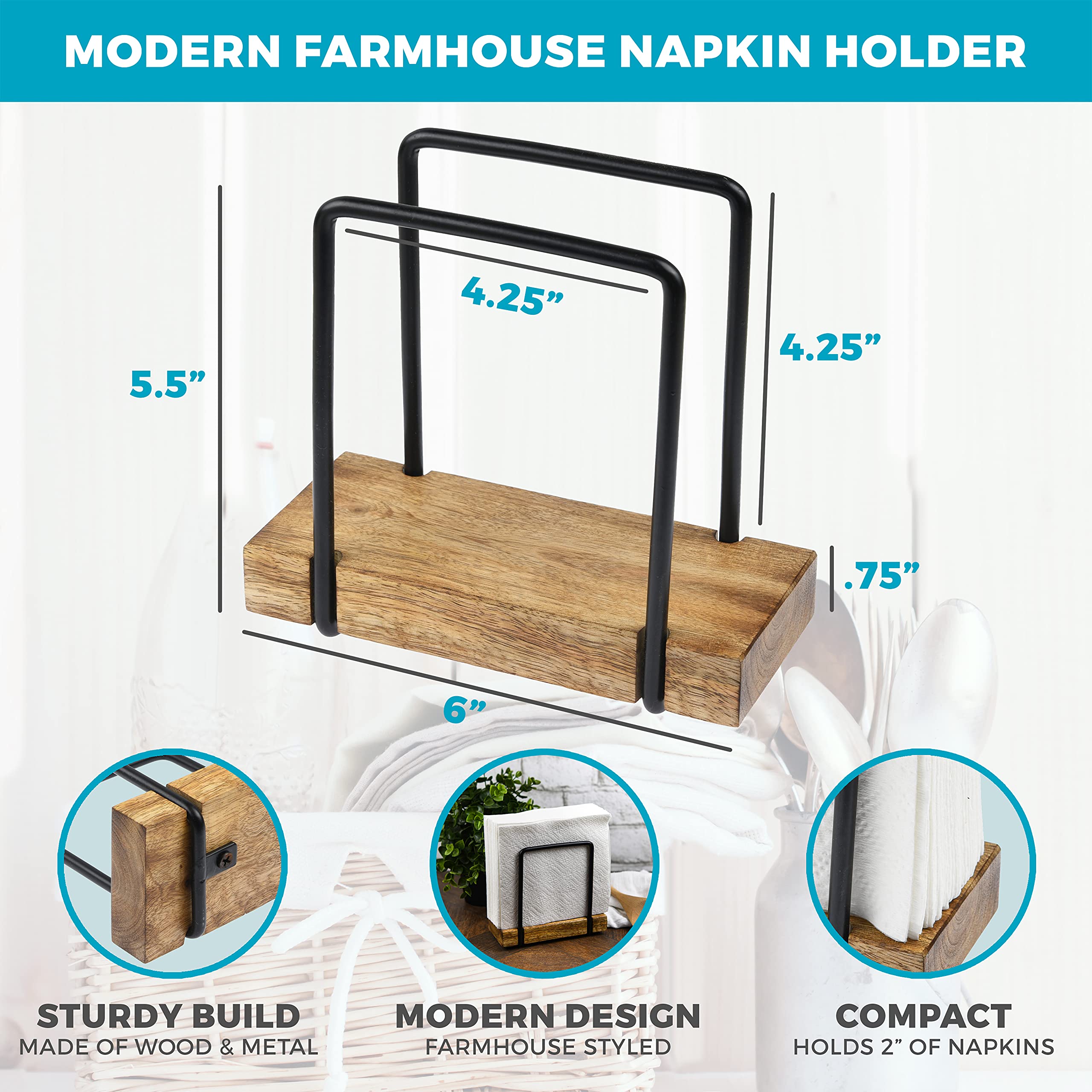 Tribello Modern Farmhouse Napkin Holder, Standing Vintage Napkin Holder For Tables, Steel And Wooden Base Kitchen & Dining Room