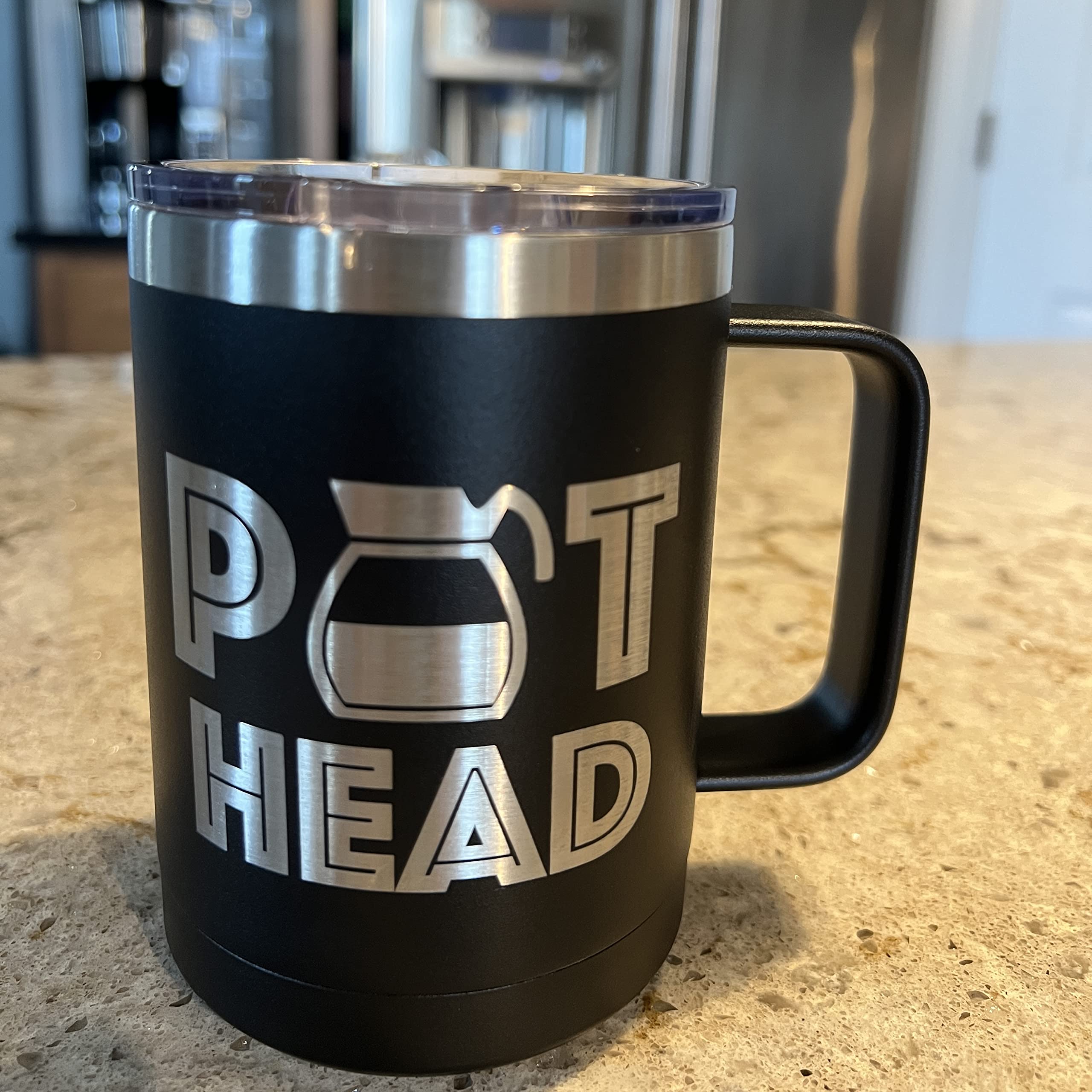 Griffco Supply Pot Head funny coffee mug for work, office, coworker - 15 ounce stainless steel insulated with lid (White)