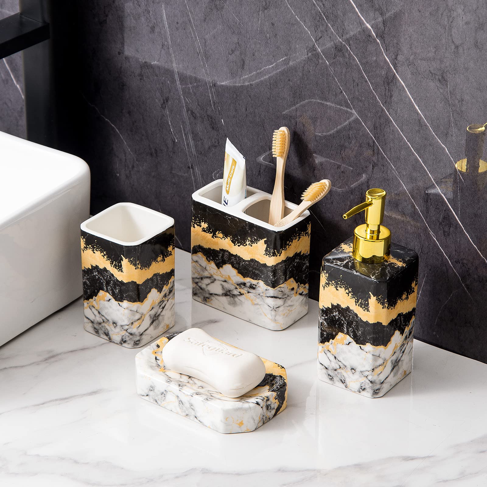 4 Piece Bathroom Accessories Set - Black And White Bathroom Accessories Set Includes Lotion Dispenser, Toothbrush Holder Tumbler