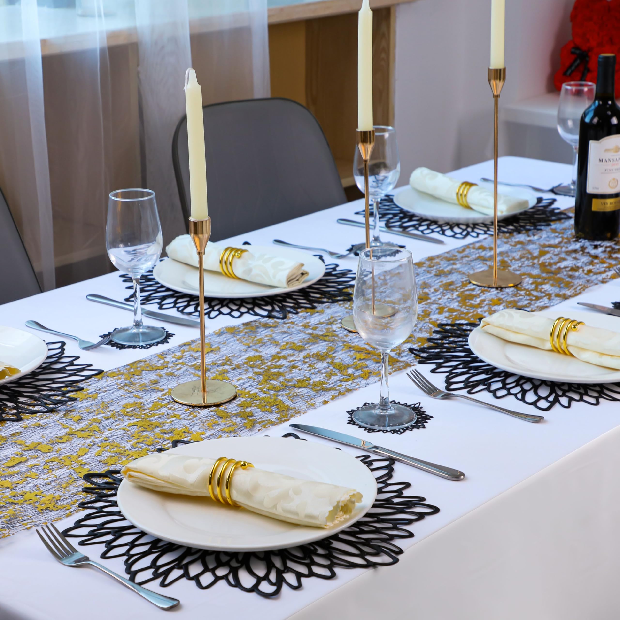Snowkingdom 6 Pairs Black Placemats & Coasters 12 Pcs Matching Washable Pressed Vinyl Laser Cut Dining Table Mats Round Floral C