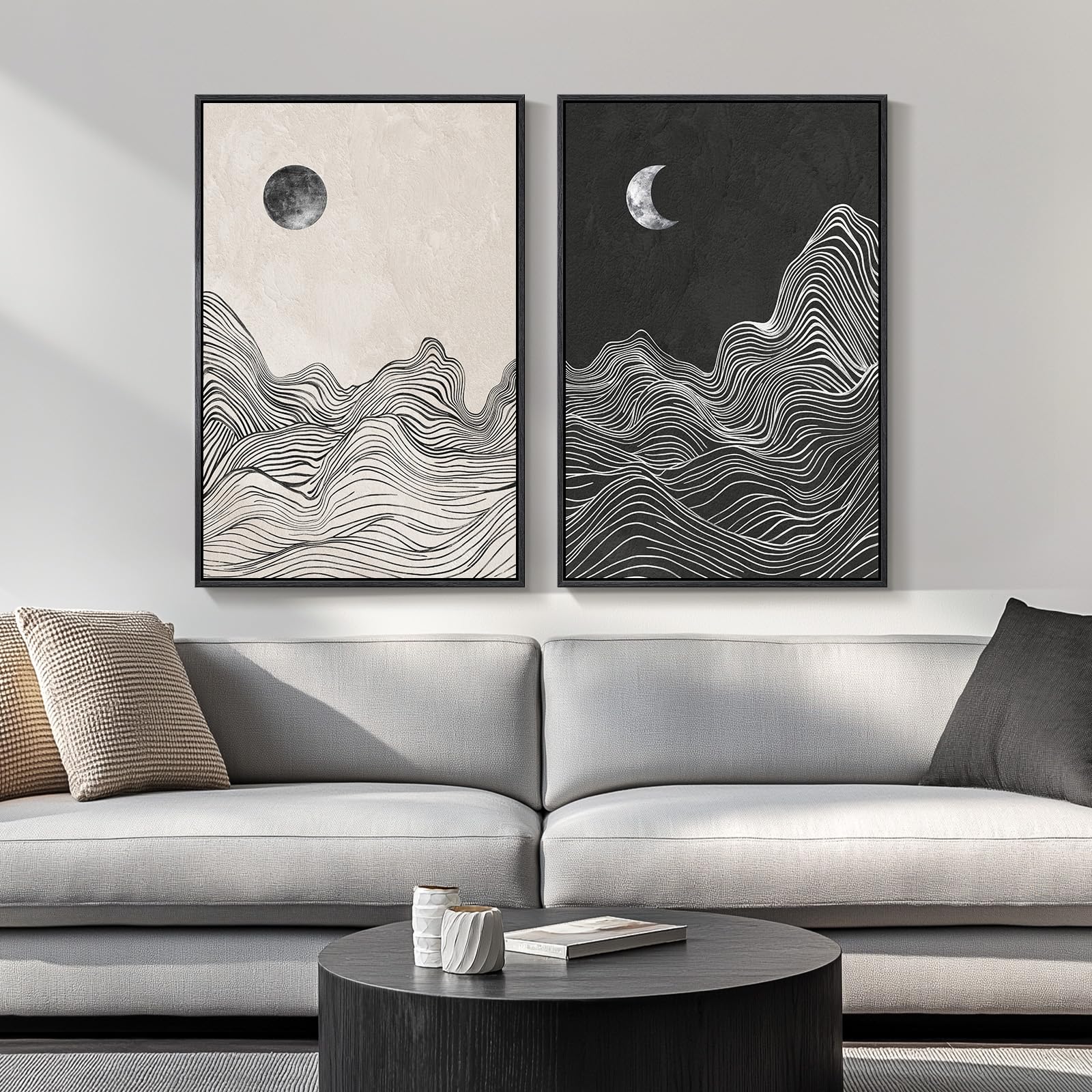 Large Framed Black And White Abstract Wall Art, Set Of 2 Modern Canvas Prints Paintings Artwork For Walls, Abstract Mountain And