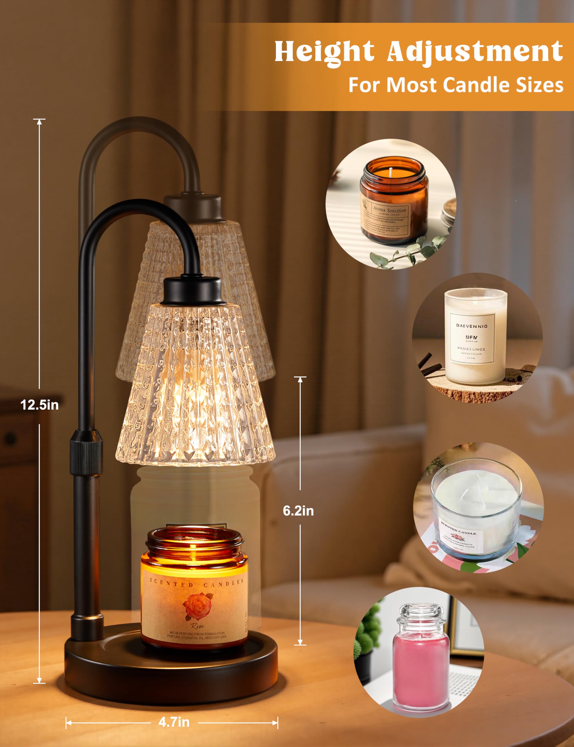 Innqoo Black Crystal Candle Warmer Lamp with Timer, Dimmable Candle Warmer for Jar Candles, Height Adjustable Wax Melts Warmer,