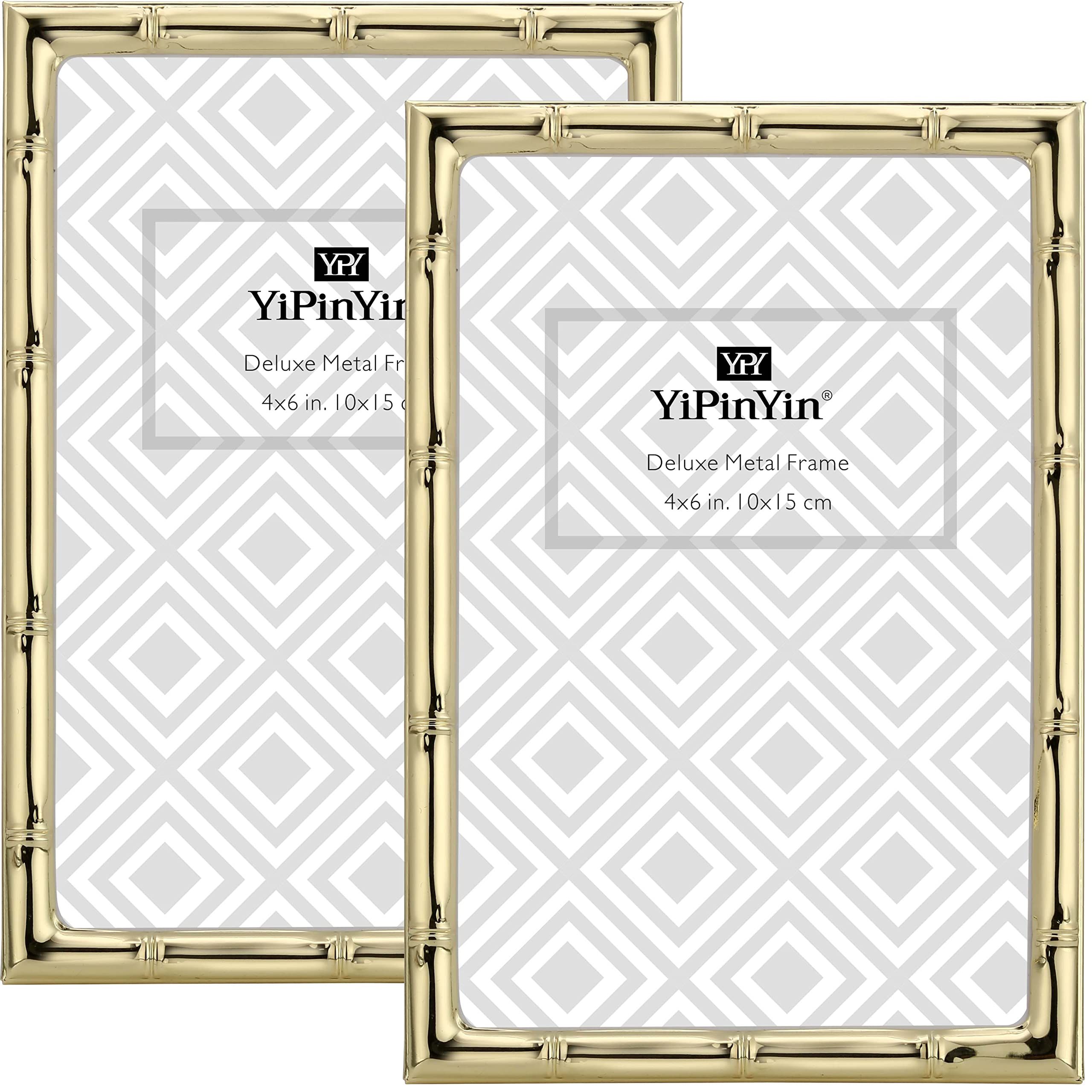 YiPinYin 4x6 Bamboo Detail Design Gold Metal Picture Frame 2pack, Elegant gold Plated Photo Frames 4 x 6 With Soft Touch Vel