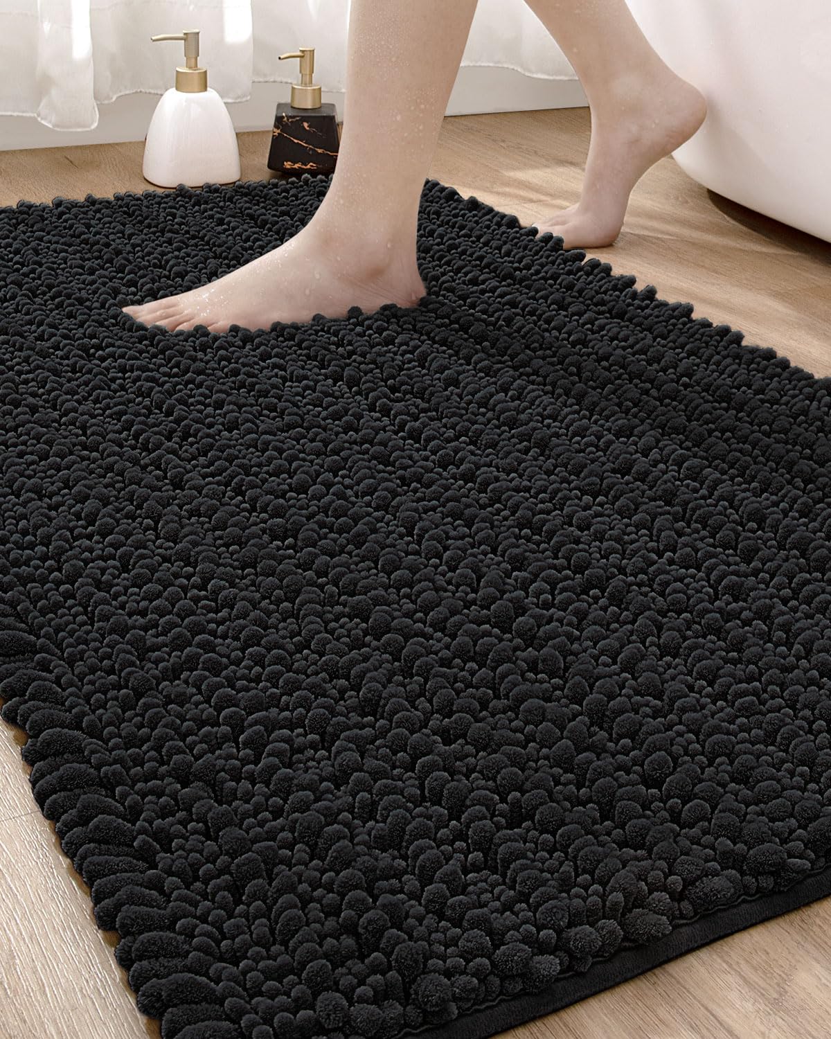 DEXI Bath Mat Bathroom Rug Non Slip Absorbent and Soft Floor Mats Washable Chenille for Bathtub Toilet Shower Room Entryway 24''x43''Black