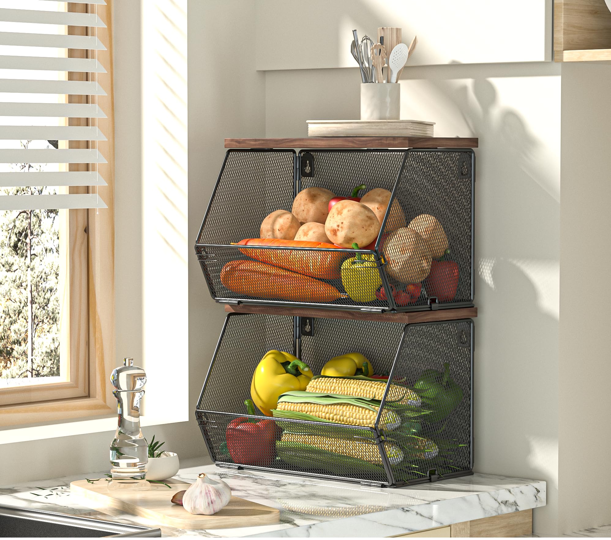 Hanging Fruit Basket Wire Baskets With Wood Lid, 2 Pack Stackable Kitchen Counter Organizer Countertop Onion And Potato Storage,