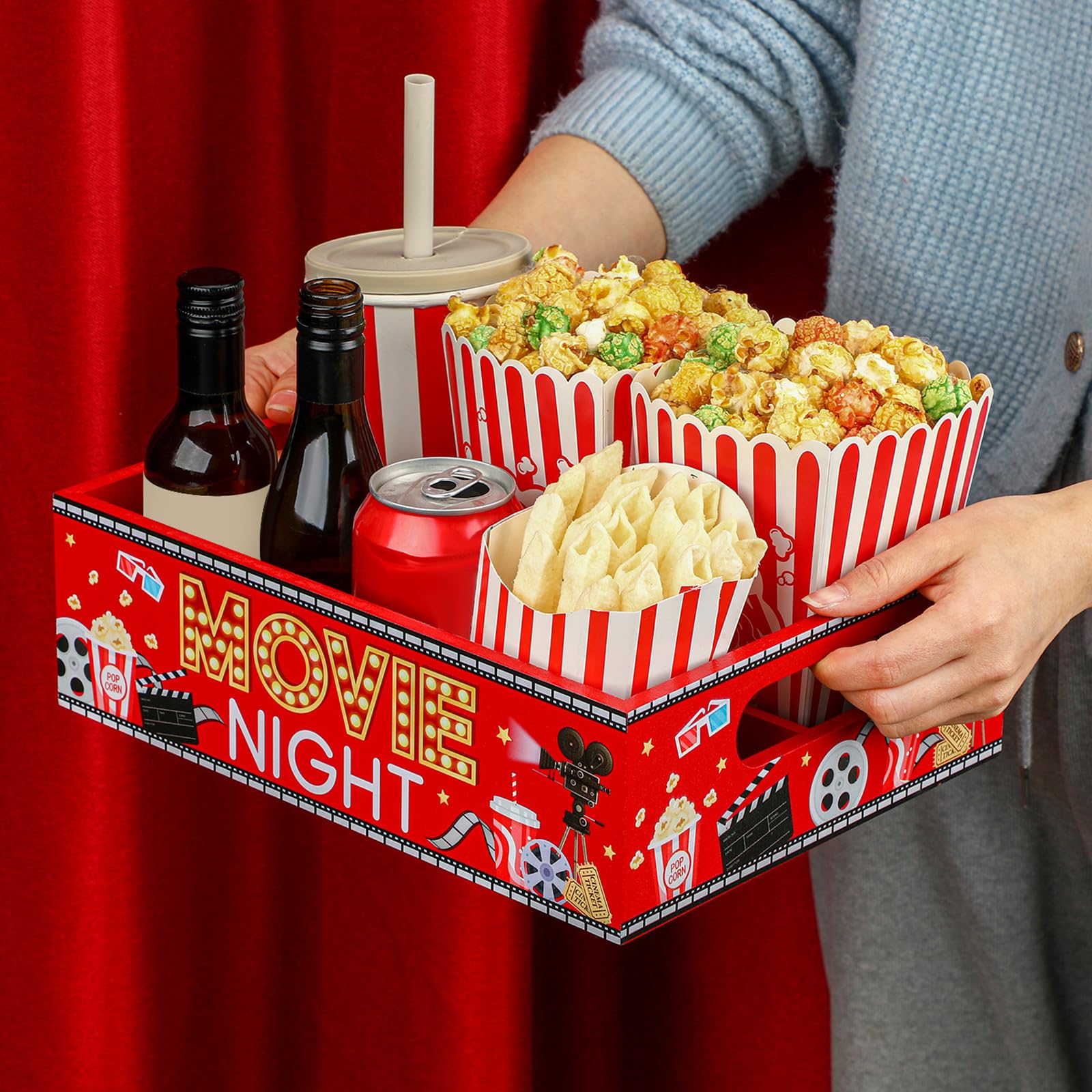 Movie Night Snack Tray with Handles and 4 Compartments for Theater Popcorn Bucket Bowl Box Reusable Wooden Gift Basket Organizer