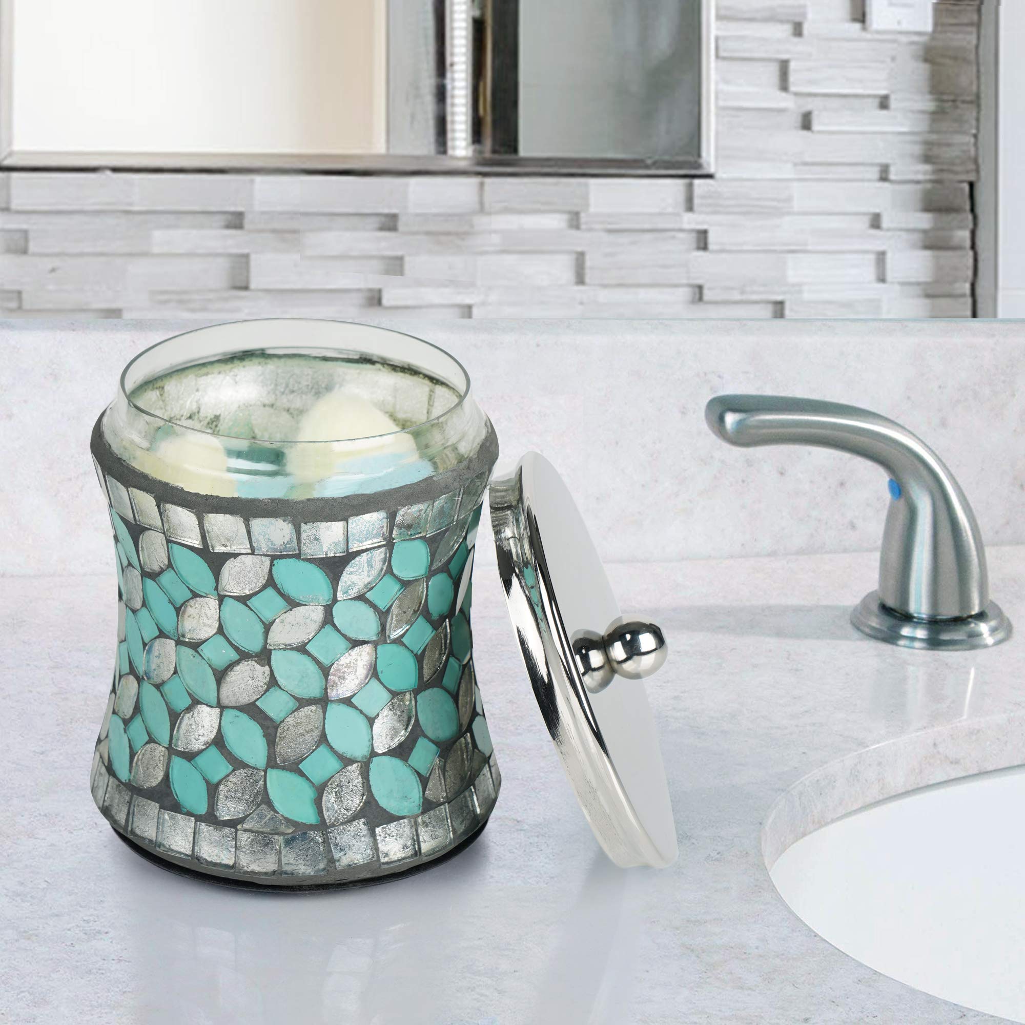 Nu Steel Sea Foam Q-Tip Jar In Aqua Blue/Silver Glass Mosaic/ Stainless Steel For Bathrooms & Vanity Spaces