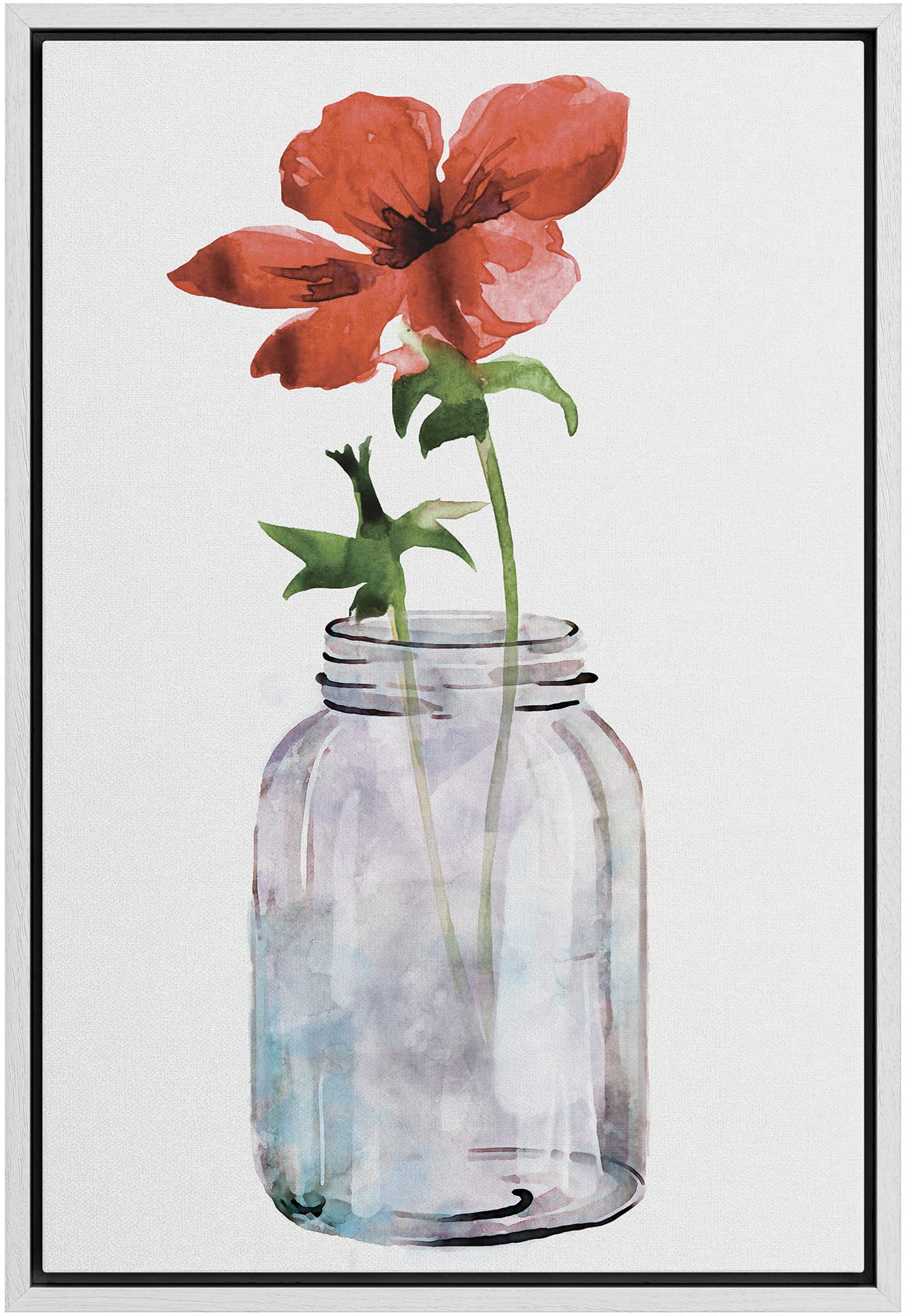 Ashbrook Framed Canvas Print Wall Art Watercolor Red Daisy Flower In Glass Vase Floral Botanical Illustrations Modern Rustic Sce