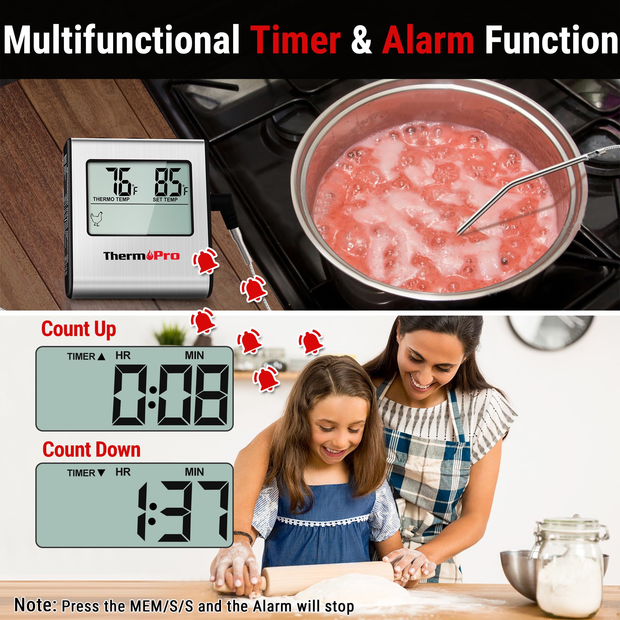 Thermopro Tp16 Large Lcd Digital Cooking Food Meat Thermometer For Smoker Oven Kitchen Bbq Grill Thermometer Clock Timer With St