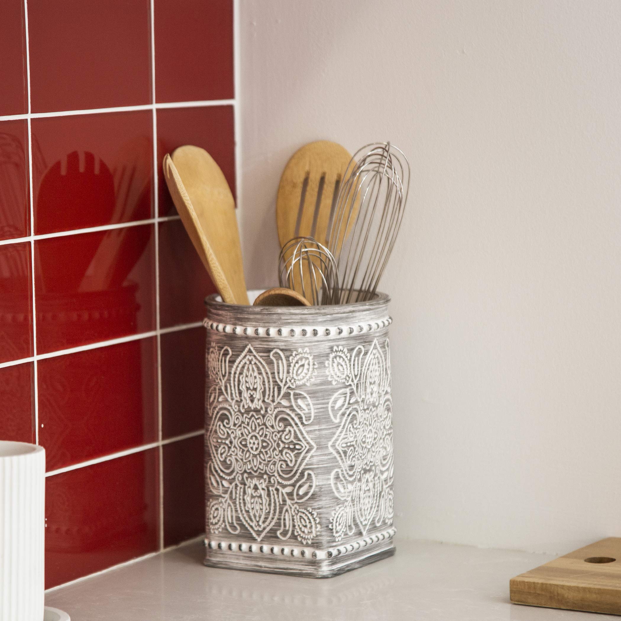 Bino Kitchen Utensil Holder For Countertop, Grey Wildflower - Utensil Caddy Countertop Utensil Holder Utensil Crocks For Kitchen