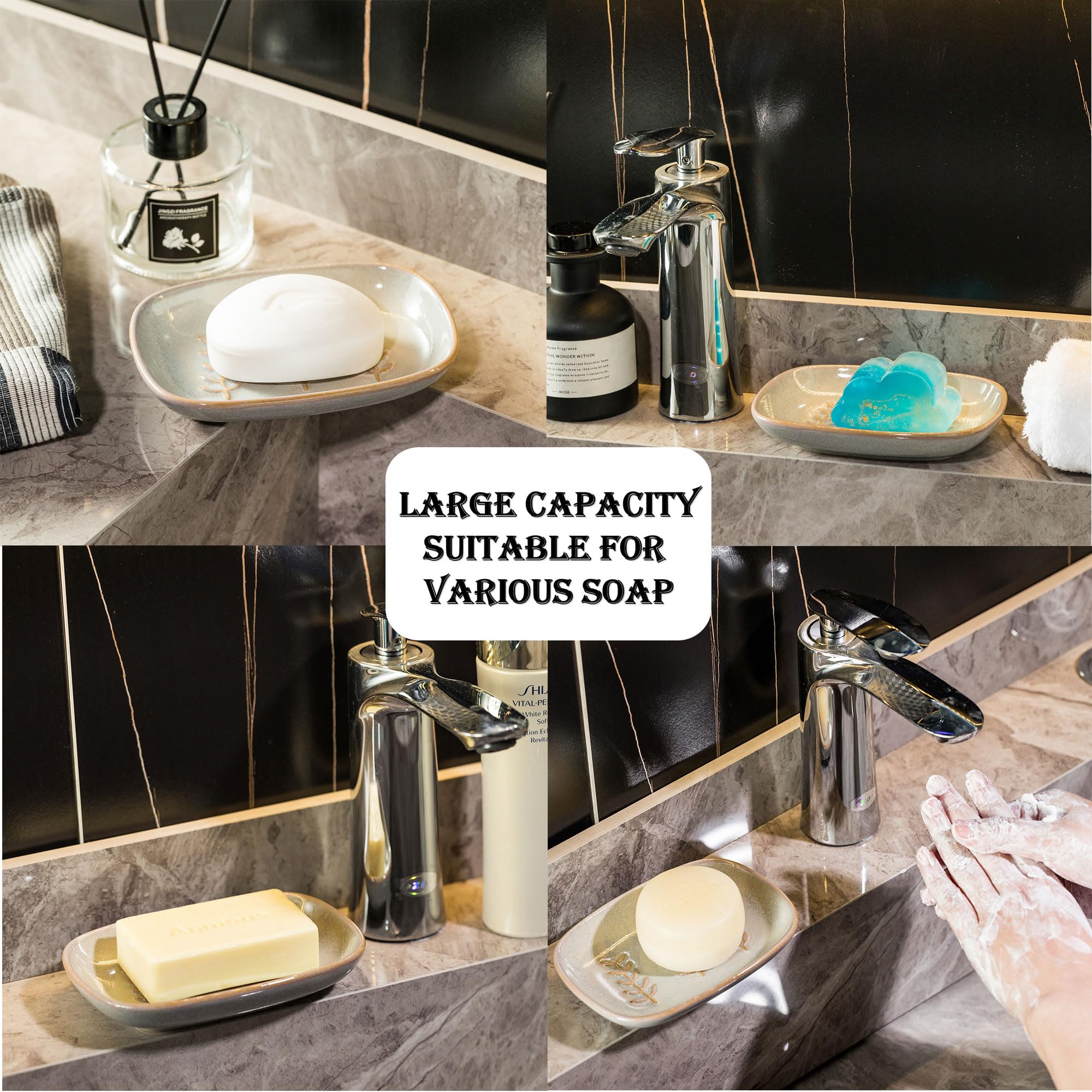 Miamolo Ceramic Soap Dish Soap Holder, Soap Lift For Bar Soap Sponge, Shower Soap Dishes For Bathroom Kitchen Counter Soap Saver