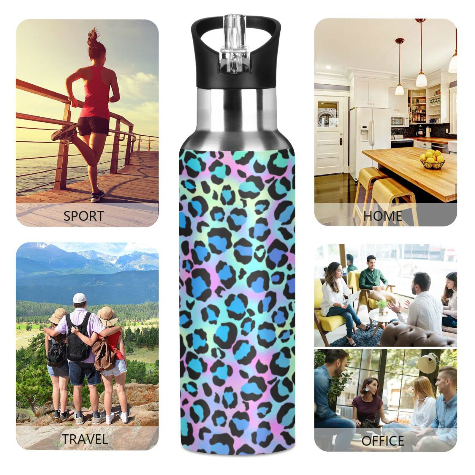 Moudou Leopard Water Bottle With Straw Lid, 33Oz Leakproof Double Wall Vacuum Insulated Stainless Steel Water Bottle For Sports,