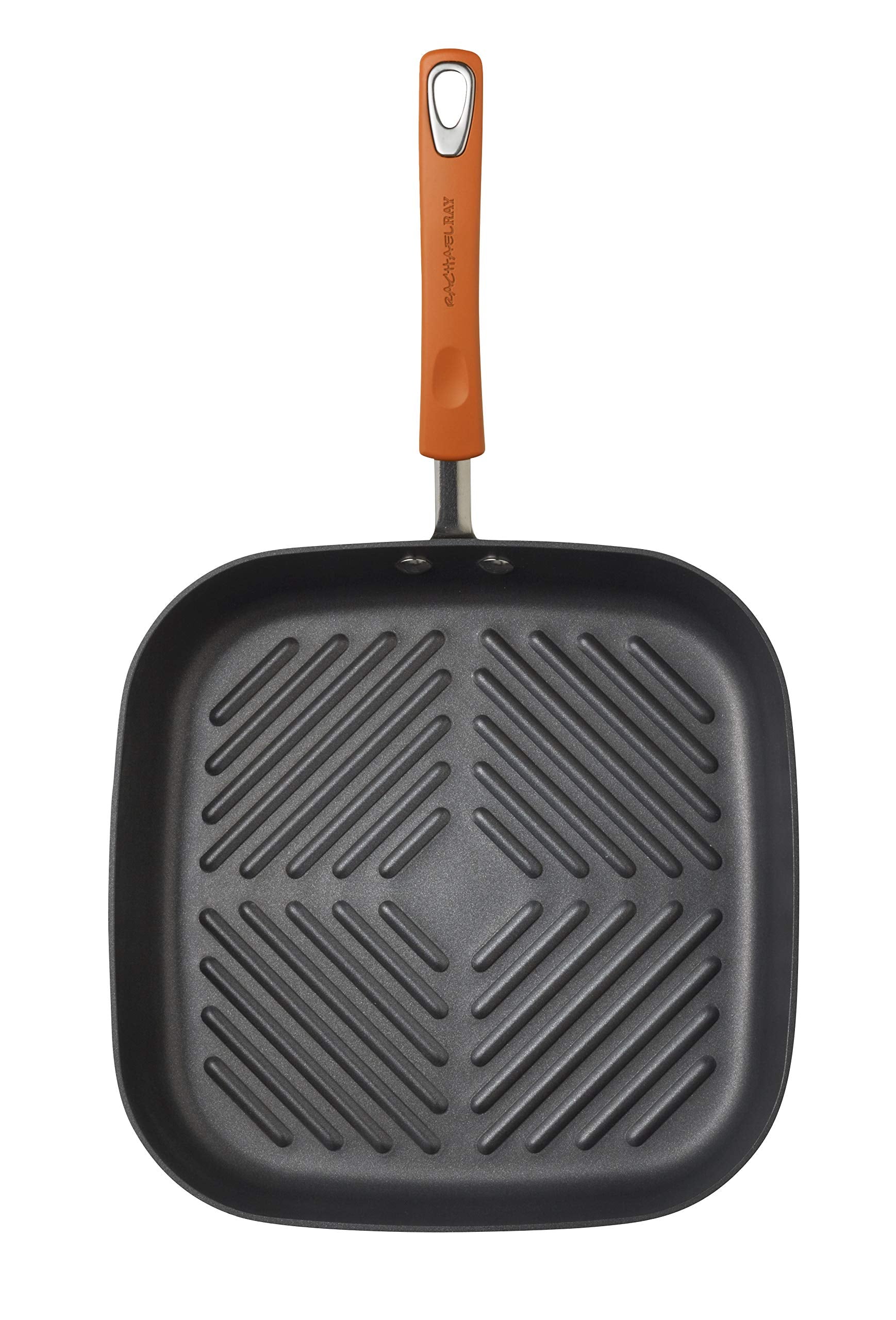 Rachael Ray Brights Hard Anodized Nonstick Square Griddle, Grill Pan (11-Inch), Gray With Orange Handles
