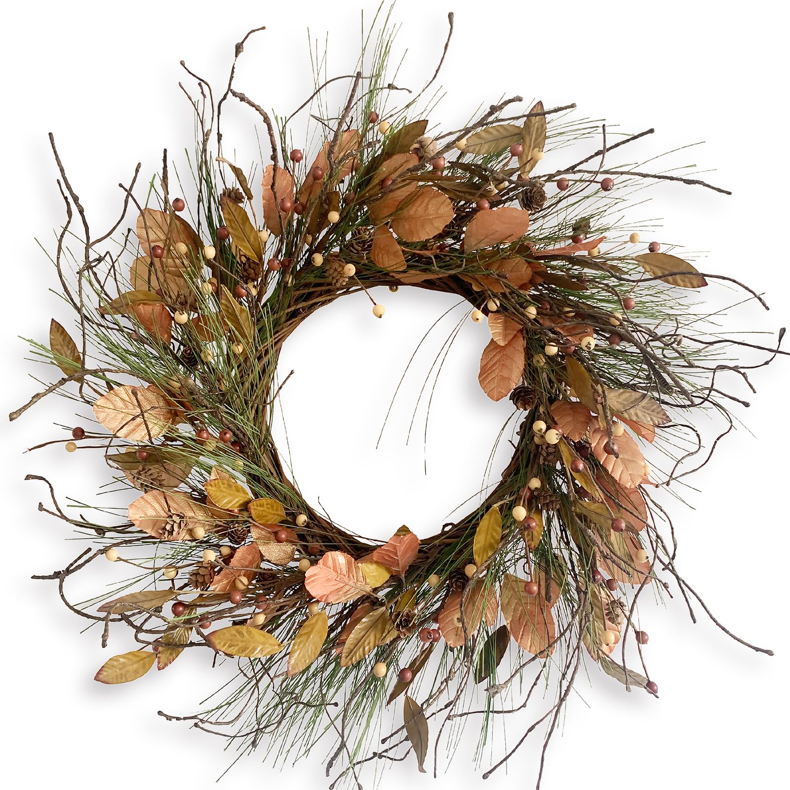 26 Inch Fall Wreath for Front Door Pip Berry Pinecone Autumn Wreath with Pine Needle and Magnolia Leaves, Large Grapevine Wreath