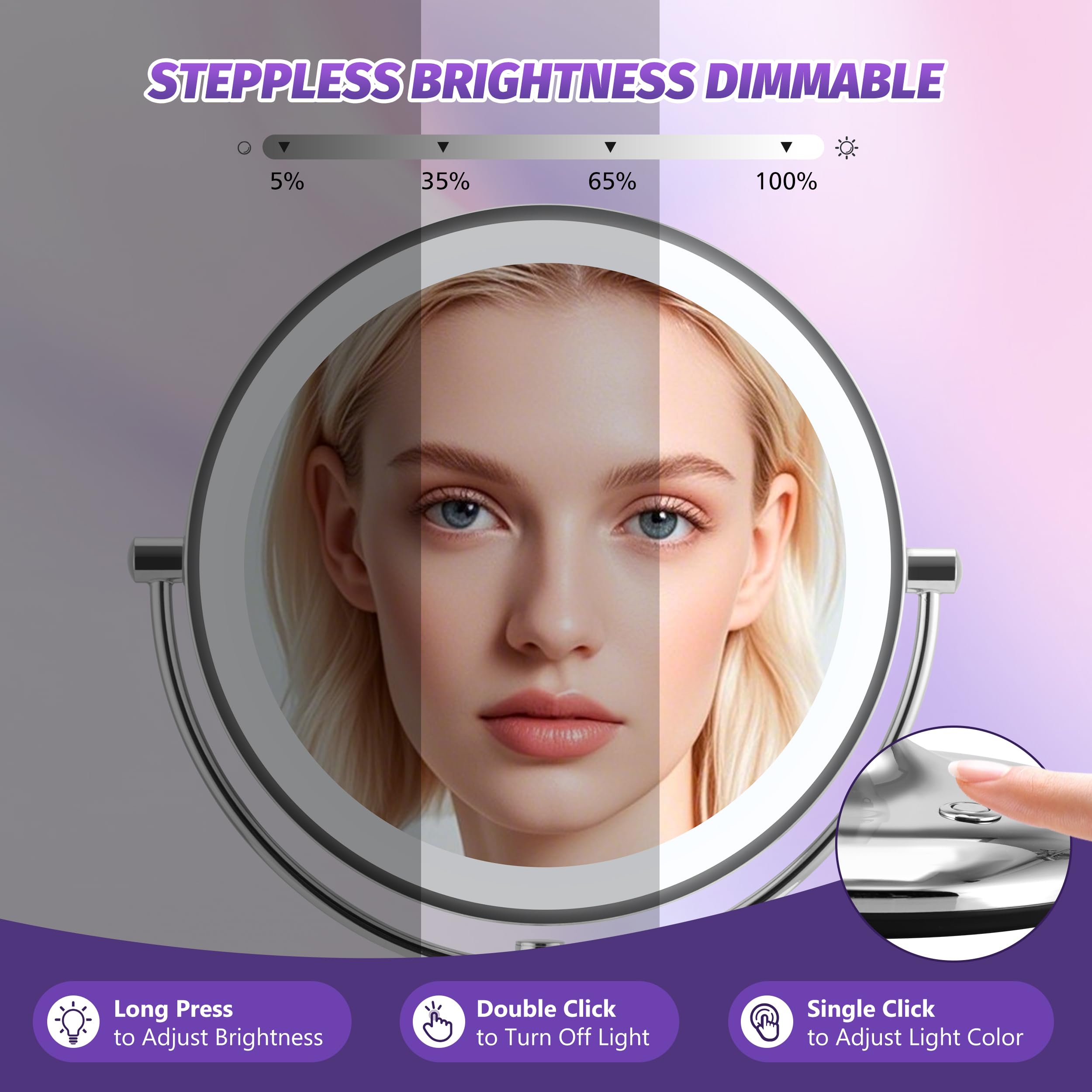9'' Makeup Mirror With Lights: 1X/15X Lighted Makeup Mirror With Magnification, True Hd Magnifying Mirror With 3 Color Lights, 3