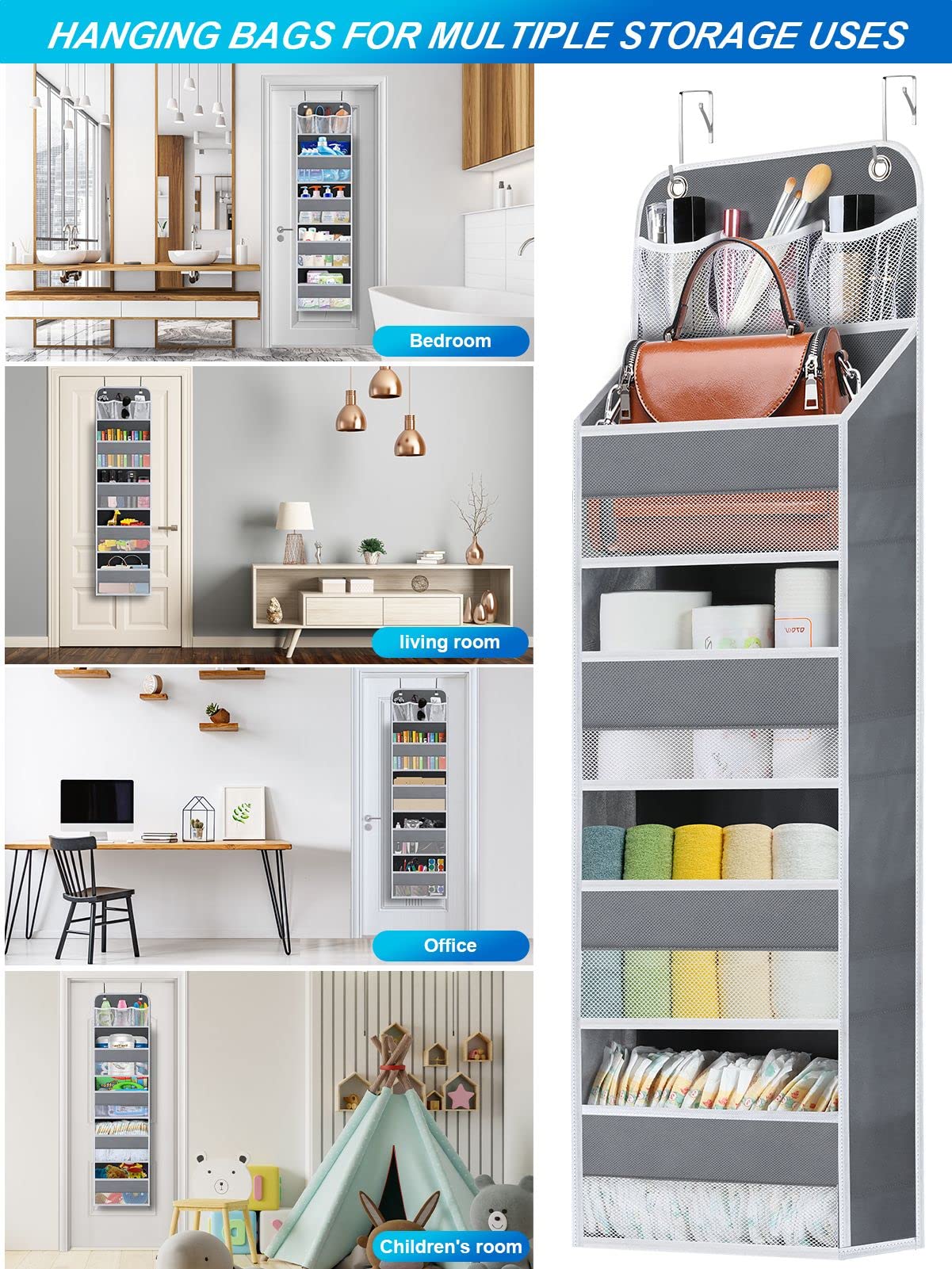 Wakaye 2 Pack 5-Shelf Over The Door Organizer - Hanging Storage Door Organizer With 4 Foldable Big Pocket Storage, Anti Tilt Clo