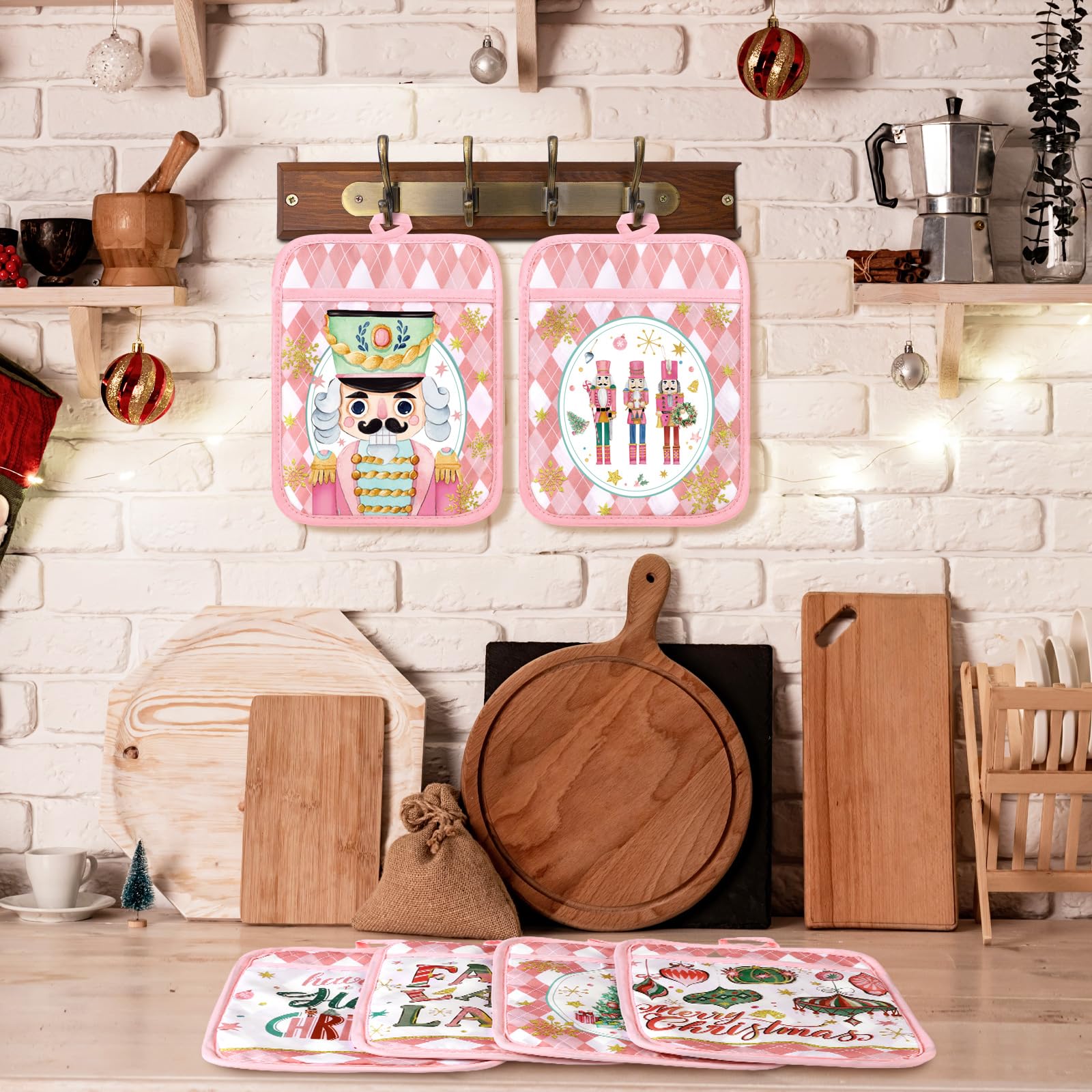 Jingmore 12 Pcs Christmas Pot Holders with Pocket Pink Nutcrackers Pot Holders for Kitchen Xmas Tree Hot Pads and Oven Mitts Pot