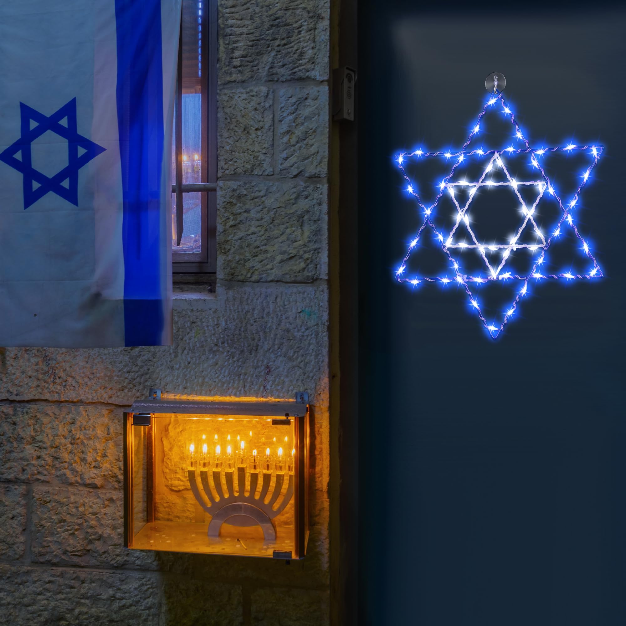 Hiboom Hanukkah Window Lights - 66 LED Blue Star of David Decor, 8 Lighting Modes, USB Powered, Indoor/Outdoor Use