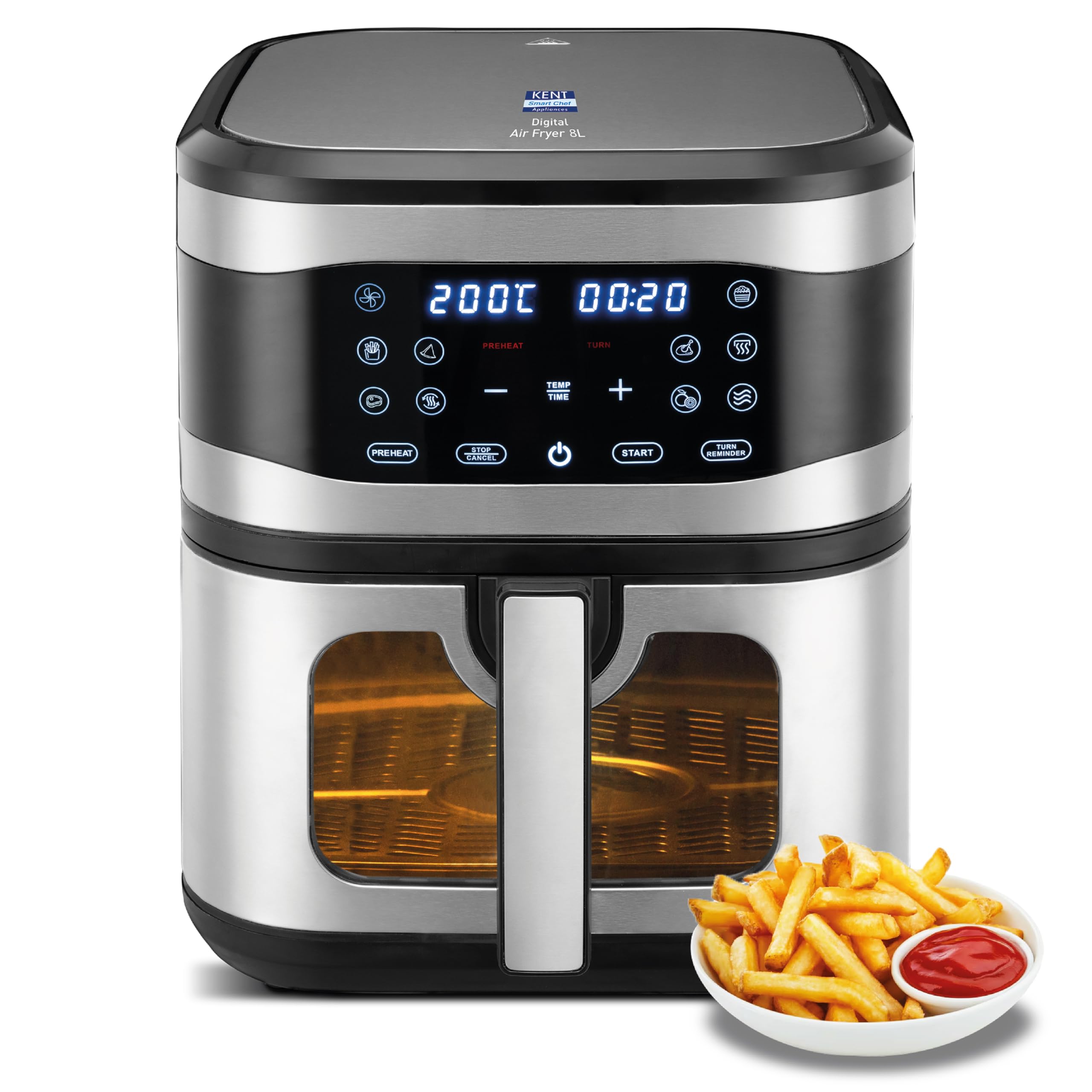 Kent Digital Air Fryer 8L | 1700W | Bake, Grill & Roast | Up To 80% Less Oil Usage | 7 Preset Menu | Digital Display & Touch Con