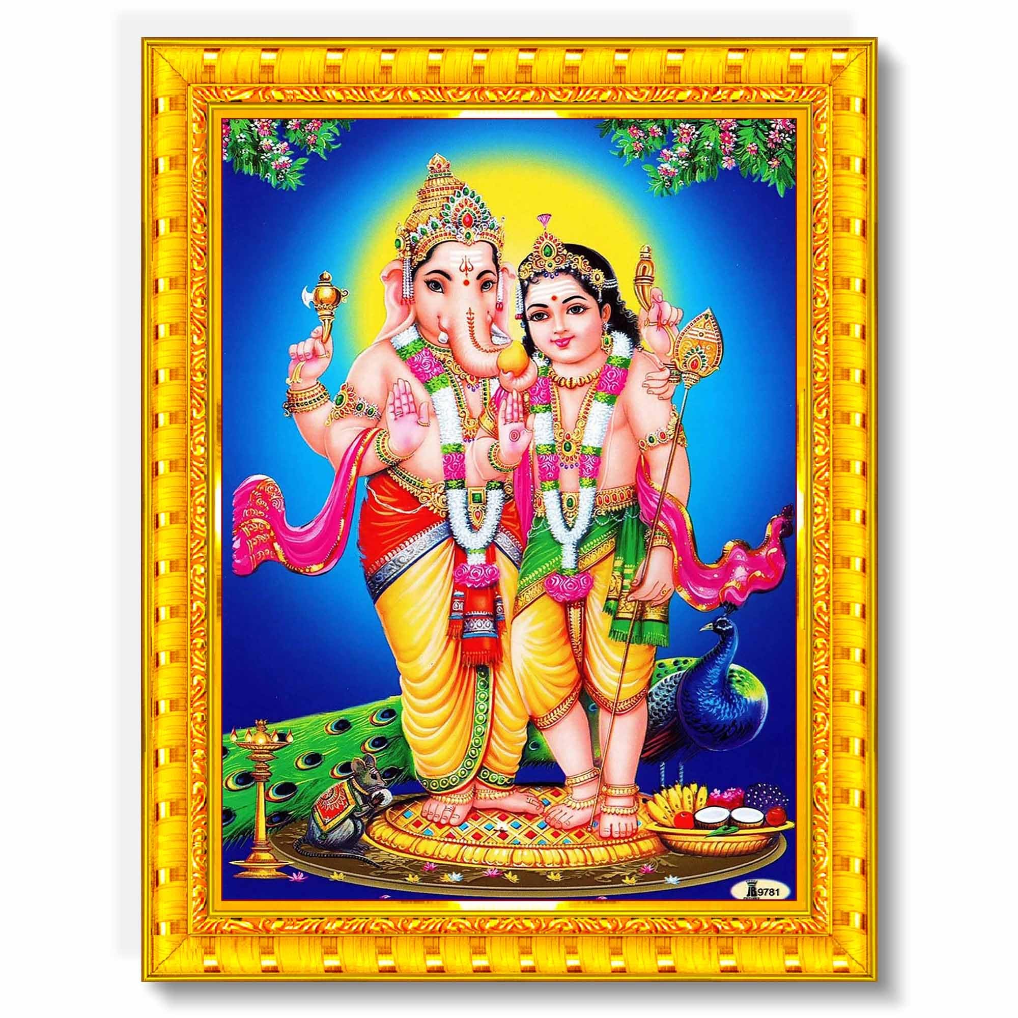 Pavan Photo Laminations Lord Ganesha Murugan Ganesh Vinayagar Hanging Wall Painting Framed Home Decor (Wood,Matte,Gold,Small Siz