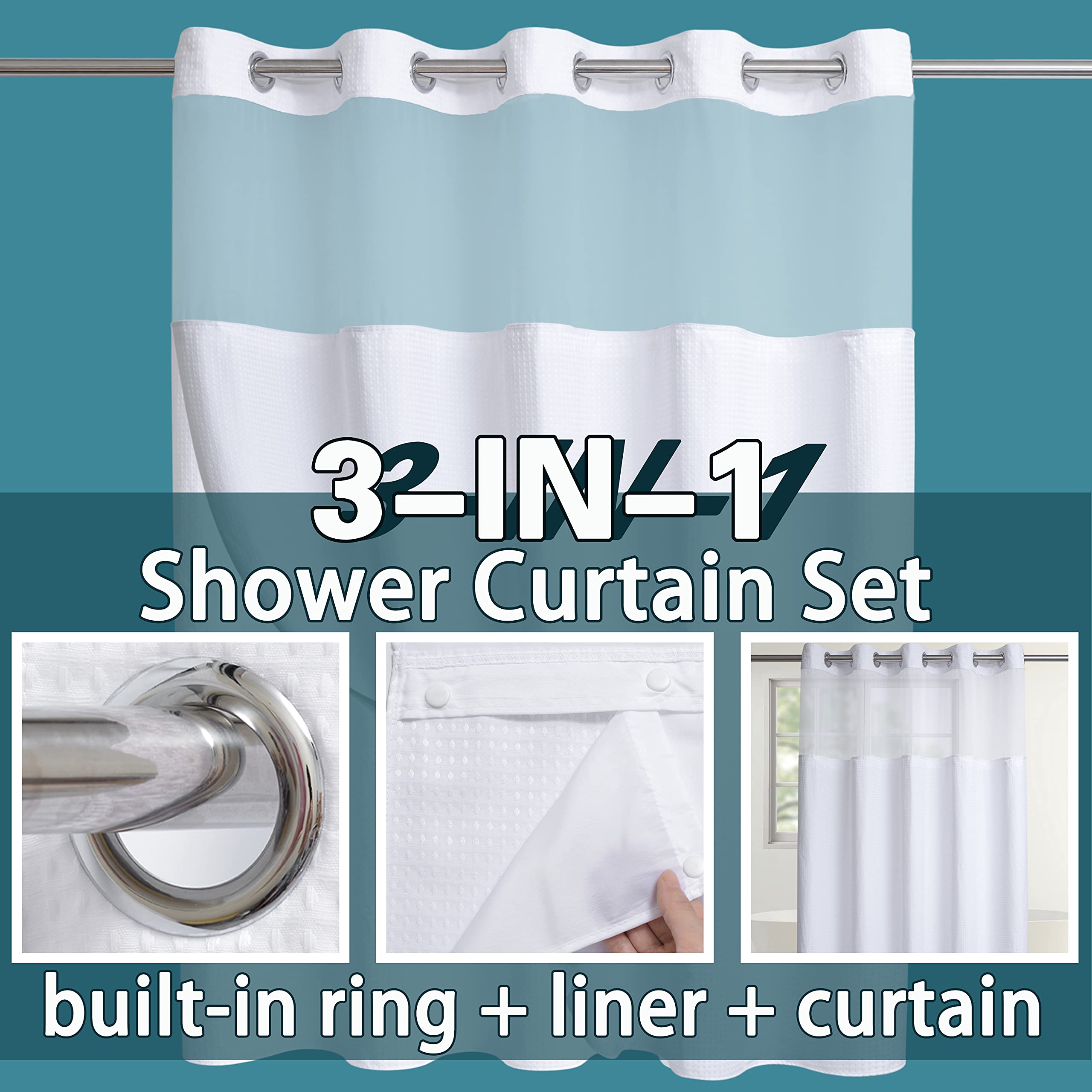 Extra Long Shower Curtain Set Hotel Grade With Snap In Liner For Bathroom Fabric With See Through Top Window, Waffle Weave Showe