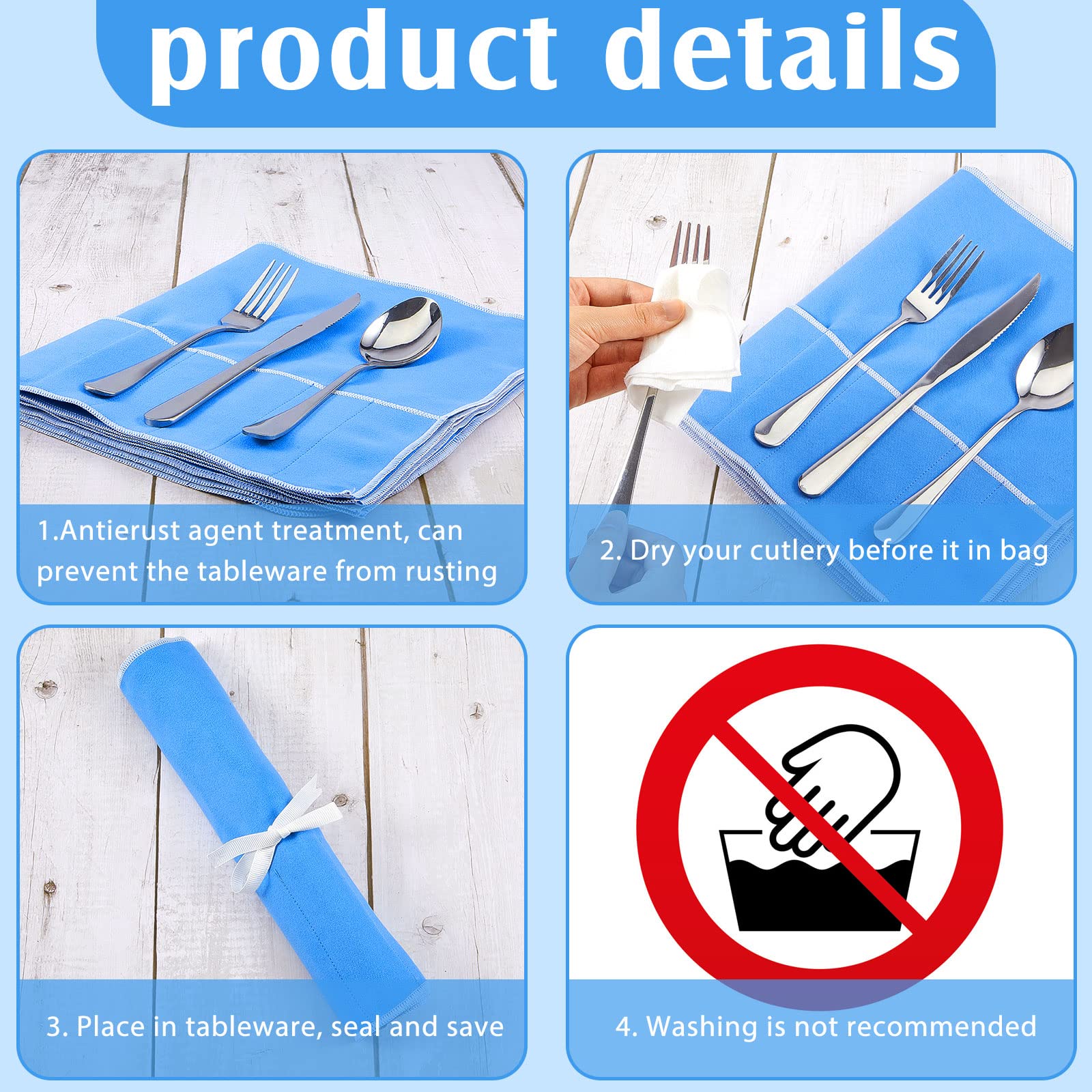 Silver Storage Bags Silver Storage Cloth Anti Tarnish Silver Protector Bags Blue Holder for Silverware Flatware Storage Organizer Place Setting Roll with White Ribbon for Kitchen Utensils (4 Pieces)