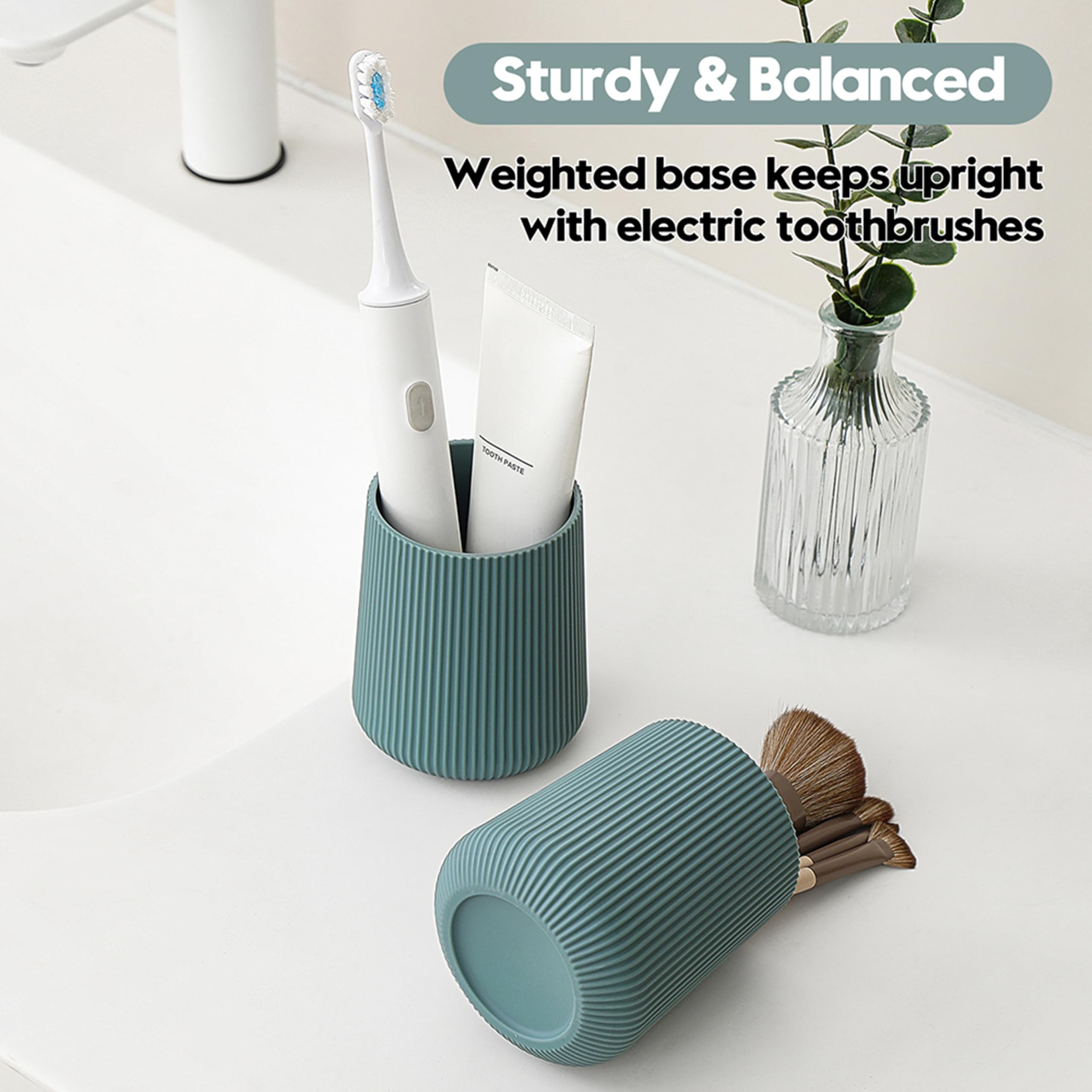 YAUKPH Sage Green Striped Toothbrush Holder for Electric Toothbrushes Bathroom Organizer for Toothpaste Kids & Adults
