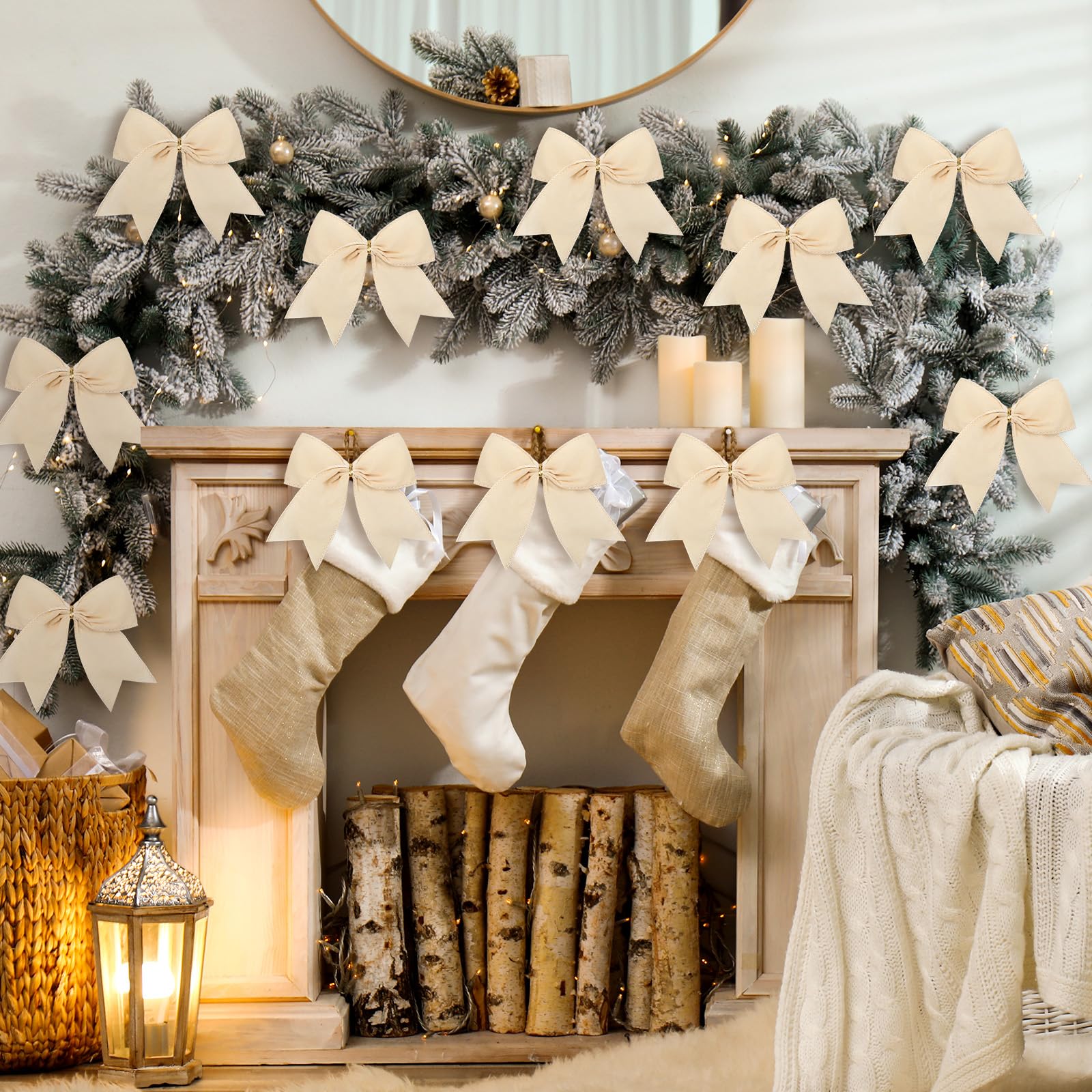 Janinka 12 Pcs Cream White Christmas Velvet Bows 6 Inch Rustic Wreath Gift Bows Vintage Xmas Velvet Ribbon Bow Ornaments for Xma