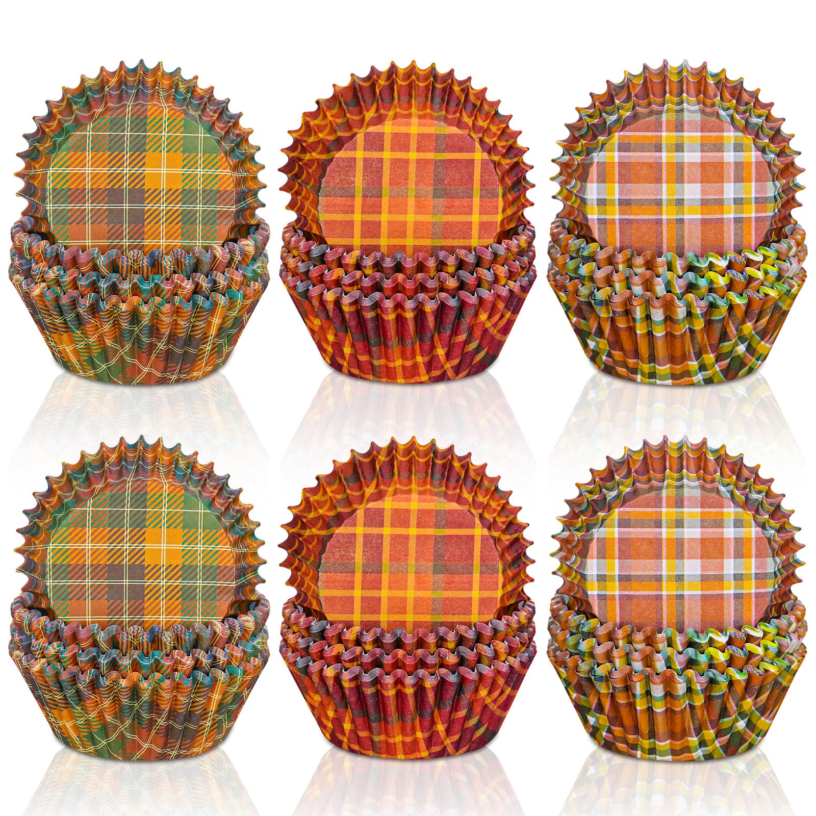 Whaline 600Pcs Fall Thanksgiving Cupcake Liners Plaid Baking Cups Autumn Muffin Baking Liners For Birthday Party Fall Themed Par