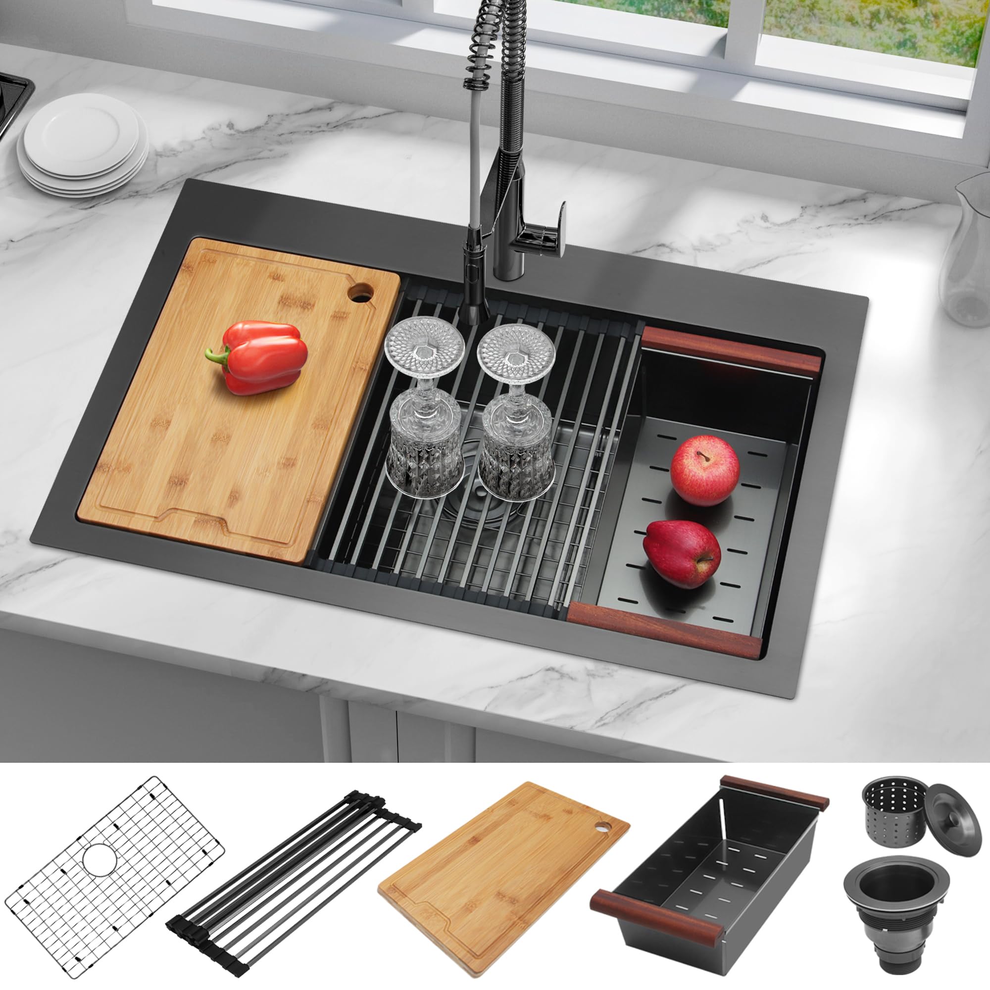Lqs Kitchen Sink, Workstation Kitchen Sink, 33    X 22    Drop In Kitchen Sink, Black Single Bowl Kitchen Sink With Accessories,
