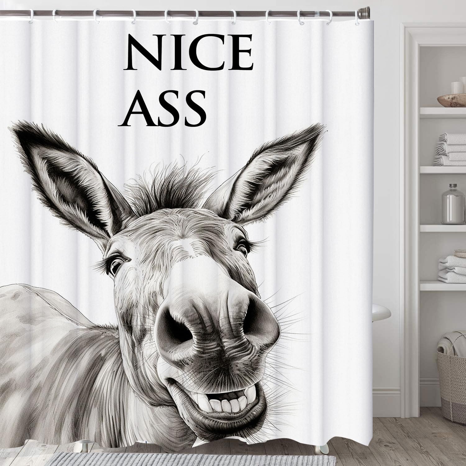 Lkfbsc Funny Donkey Shower Curtain, Black And White Farmhouse Animal 60X72 Shower Curtain Set, Gray Style Bathroom Decor Curtain
