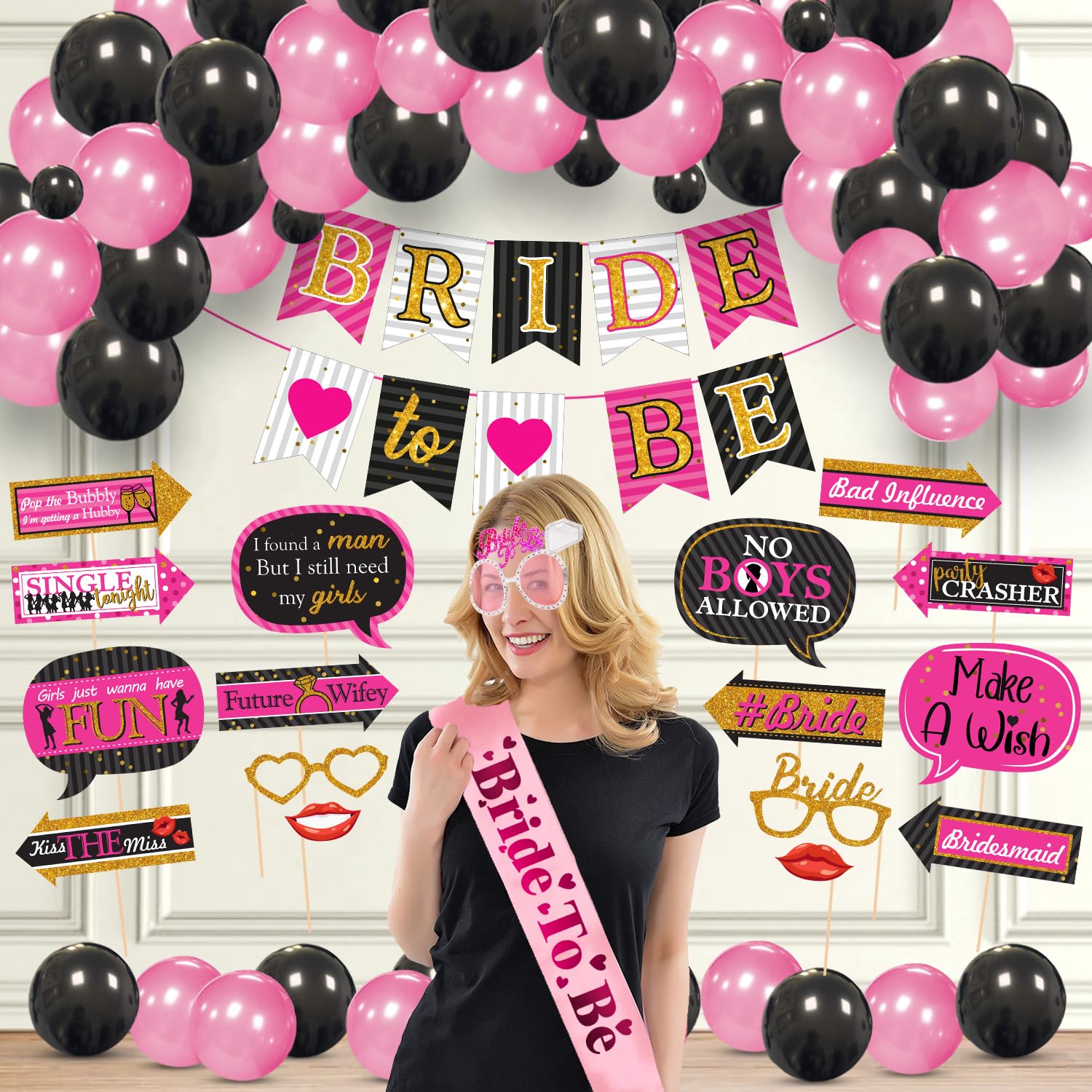 Zyozique Bachelorette Party Decorations Kit / Bridal Shower Party Supplies  Bride to Be Paper Banner, Sash, Eye Glass & Photo B