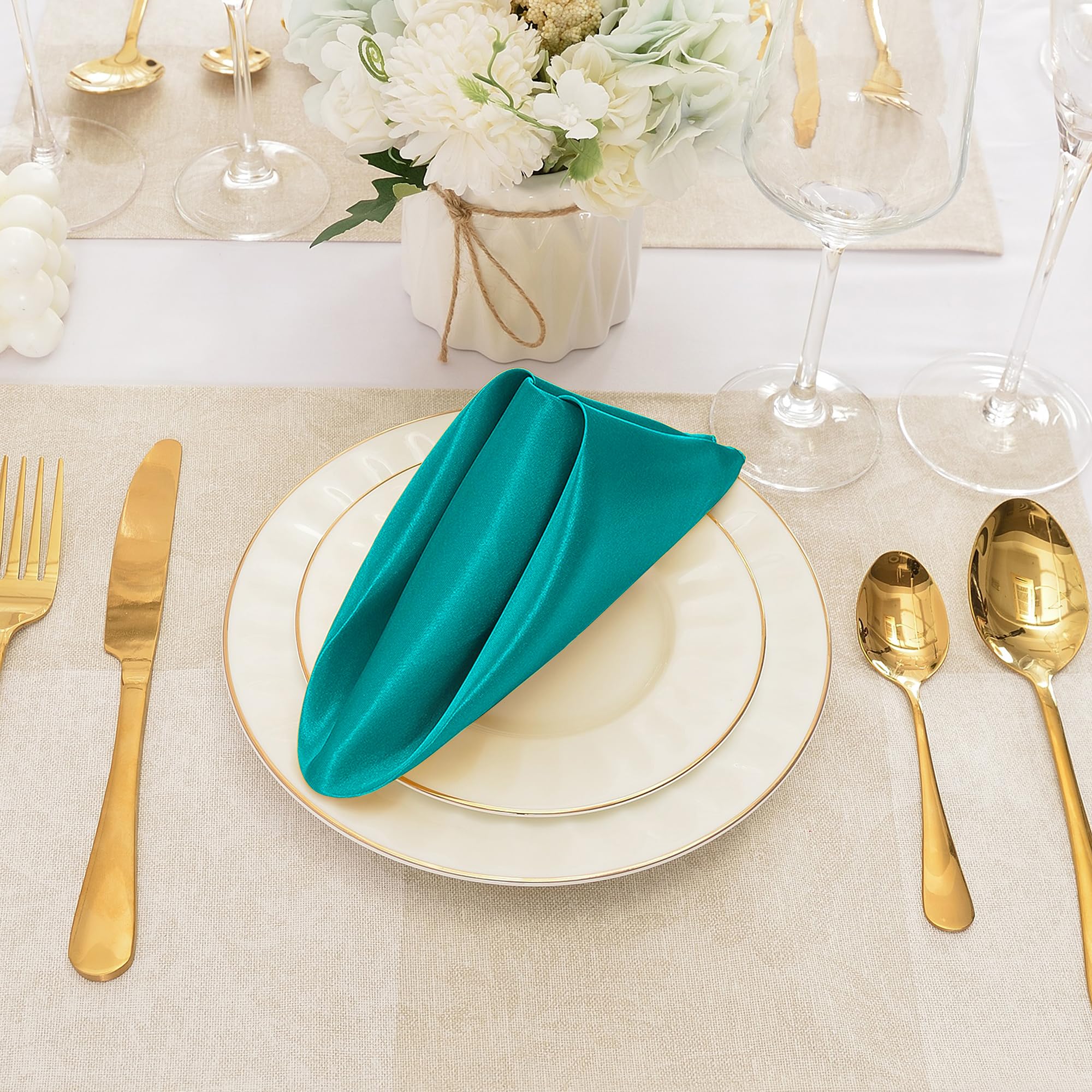 Eychei 12 Pieces Teal Satin Napkins, 17'' X 17'' Square Table Napkins, Silky Soft Smooth Washable Napkins For Restaurant, Weddin