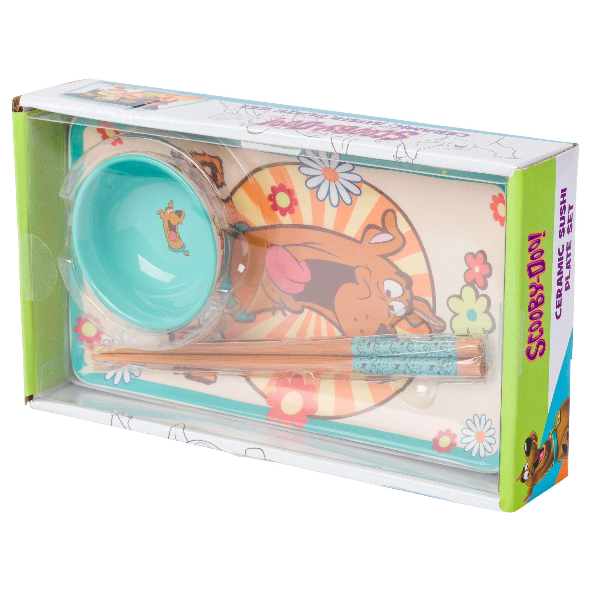 Silver Buffalo Scooby Doo Feed Me Retro Groovy Flowers Ceramic Sushi Set With Dipping Sauce Dish And Matching Chopsticks