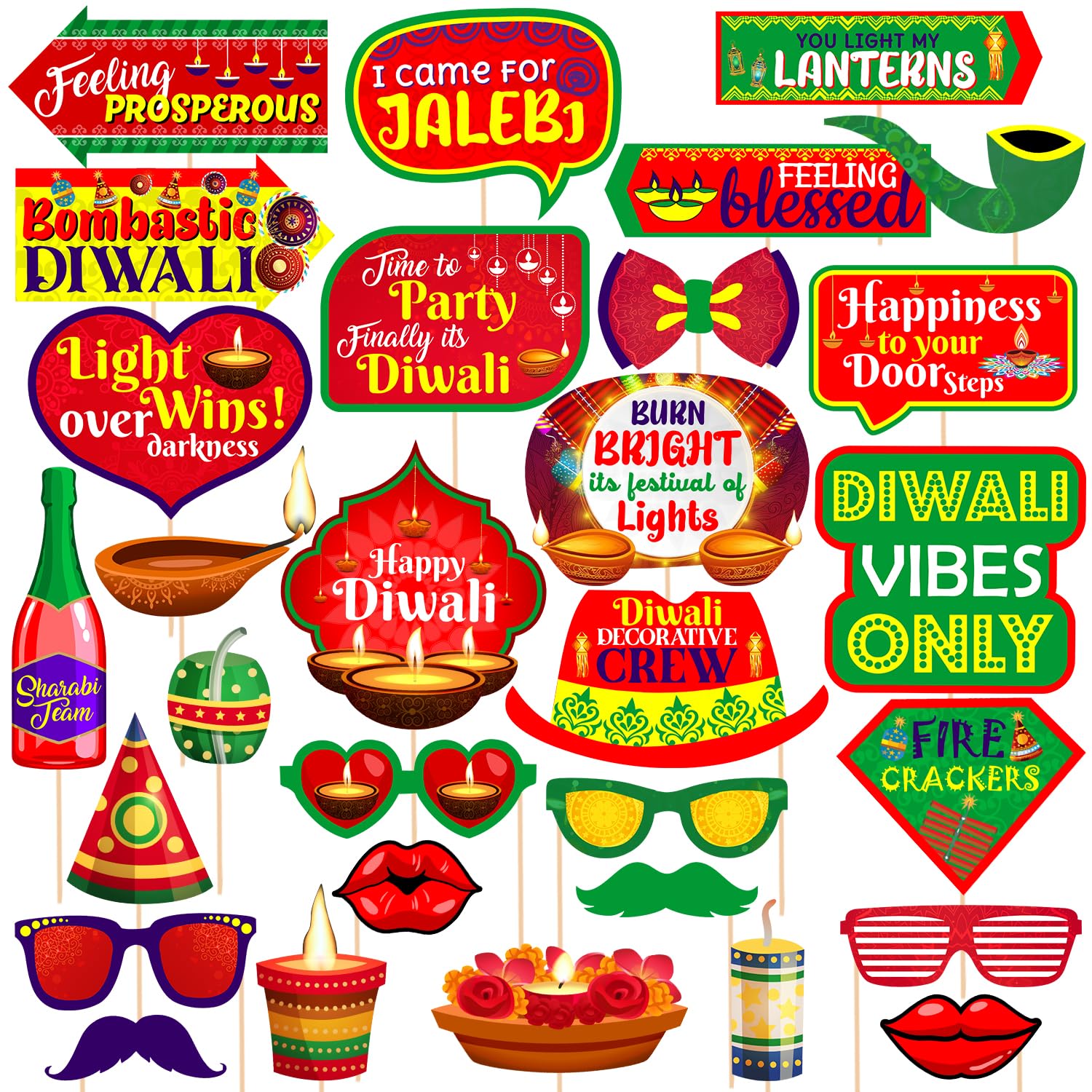Zyozique 30 Pieces Happy Diwali Photo Booth Props Kit Festival of Ligts Prop for Photoshoot Diwali Party Picture Selfie Stick Pr