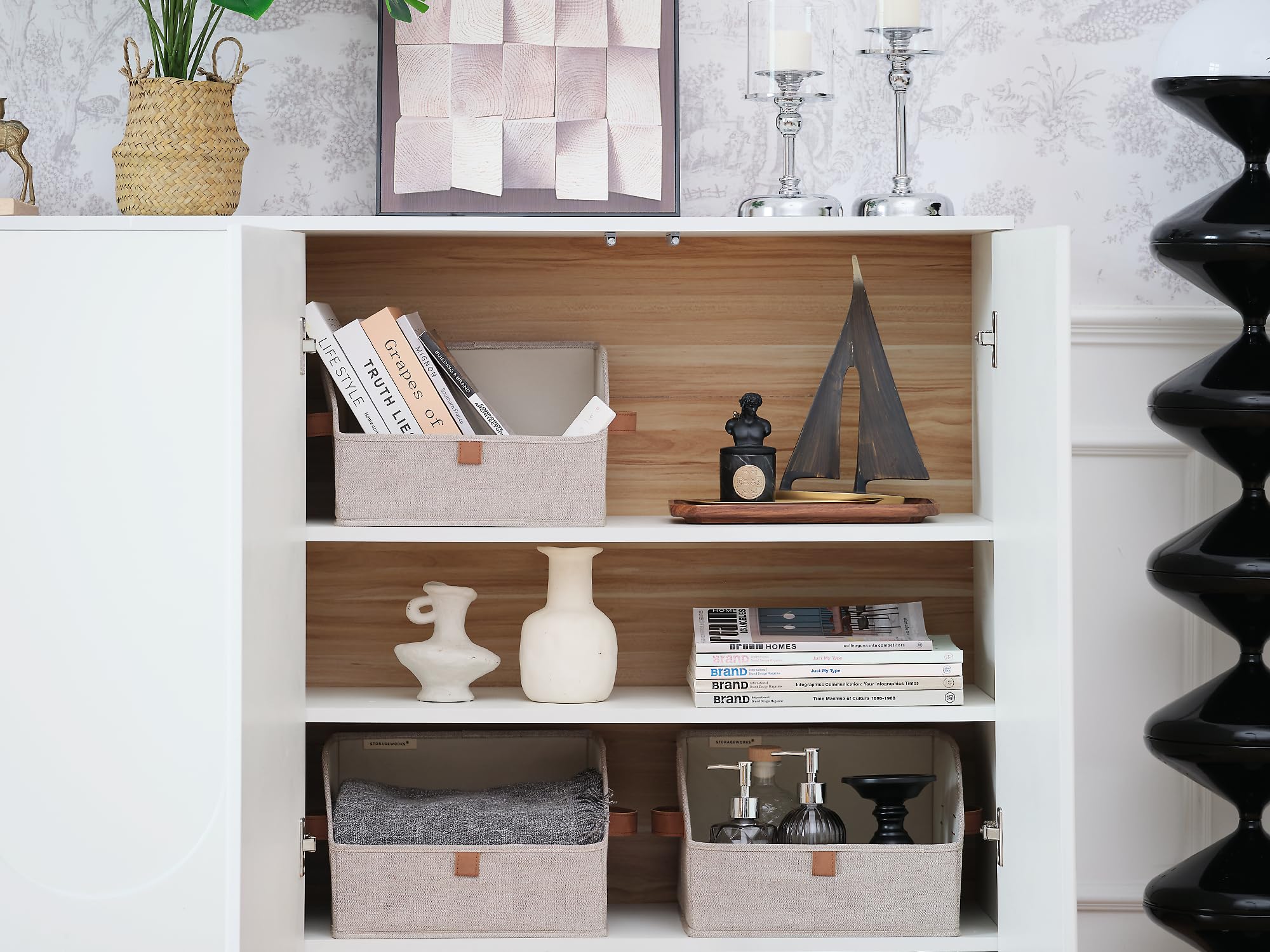 Storageworks Closet Organizer Bins, Trapezoid Storage Box, Fabric Storage Baskets For Shelves, Small, Brown And Beige, 3-Pack