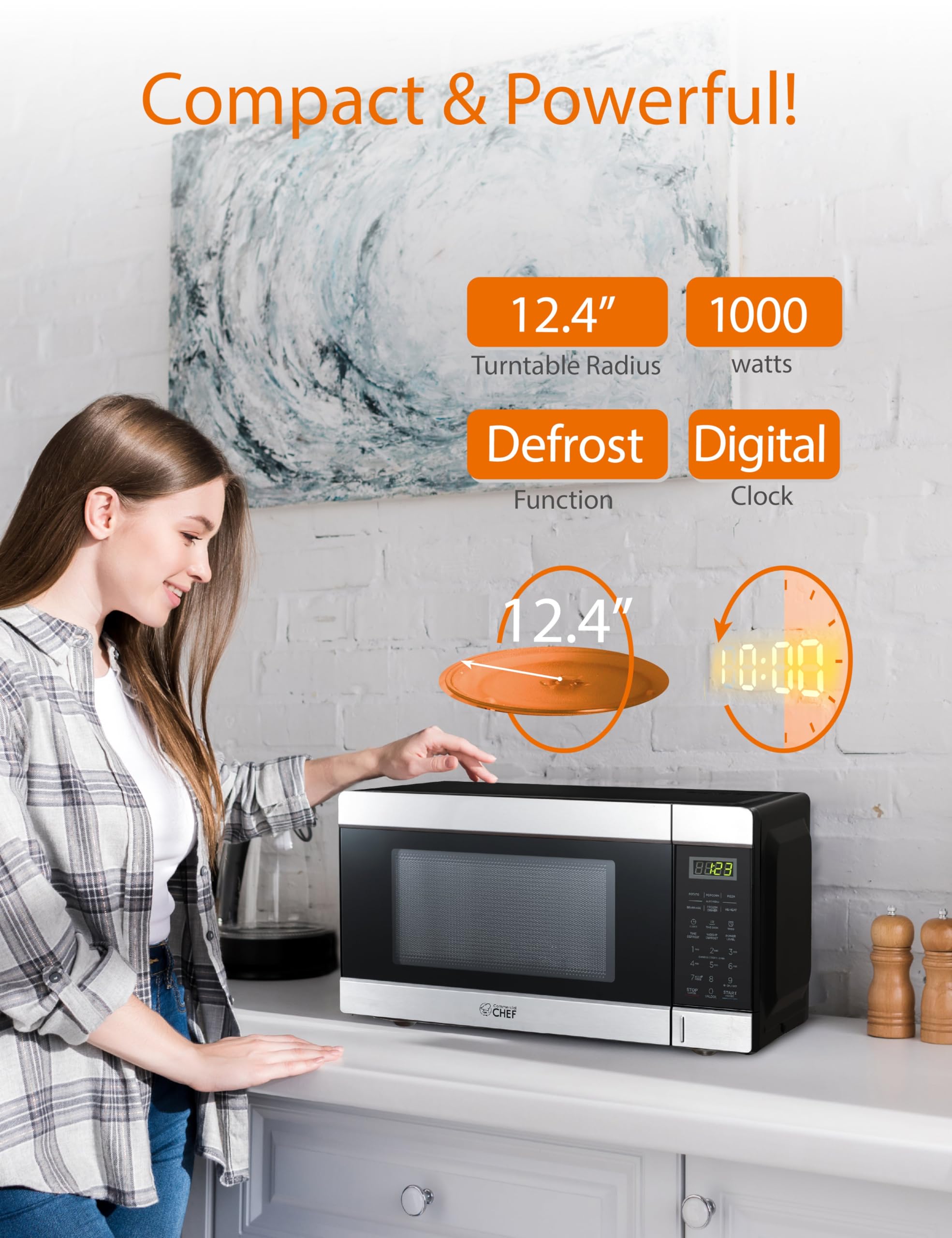 Commercial Chef Countertop Microwave, 11 Cubic Feet, Black With Stainless Steel Trim