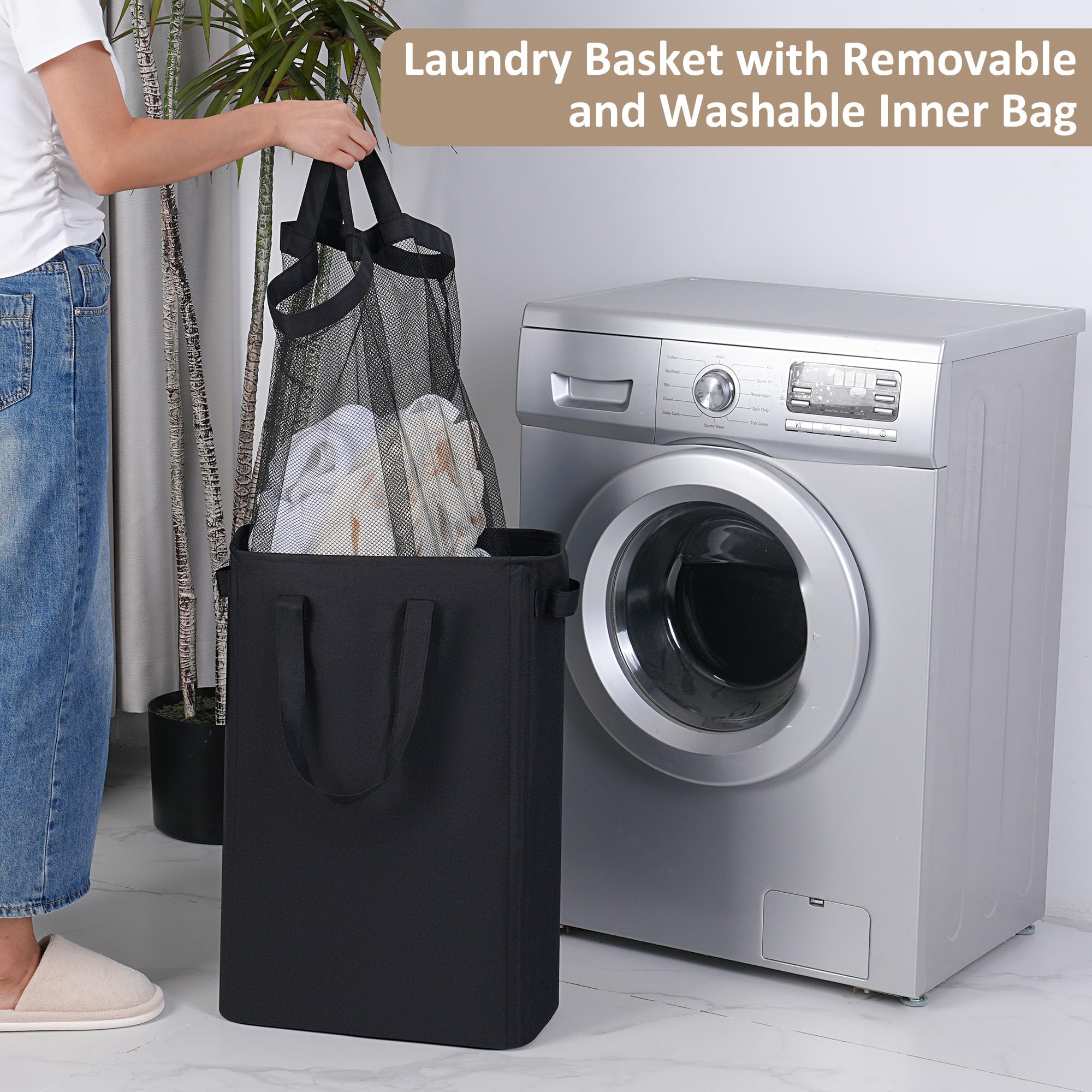 Iegrow Washing Baskets For Laundry, 50L Slim Folable Laundry Bin With Oxford Fabric And Handles, Narrow Wash Basket With Removab