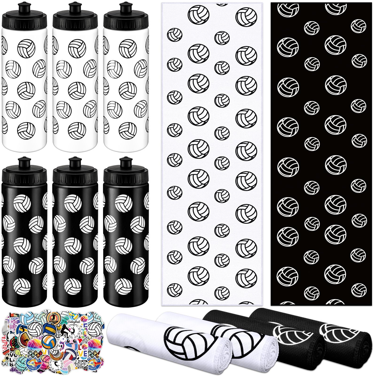 FuWeave 24 Pcs Volleyball Water Bottle Volleyball Cooling Towel Set with 50 Sticker Sports Party Favors Include 6 Reusable Sport