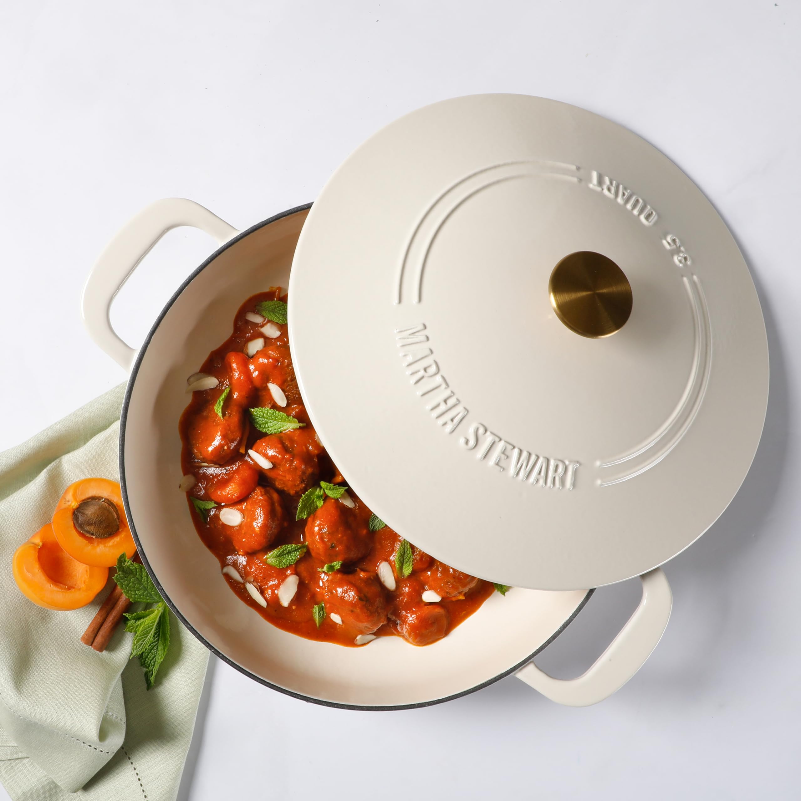 Martha Stewart 3.5-Quart Enameled Cast Iron Dutch Oven Braiser - Linen W/Gold Knob
