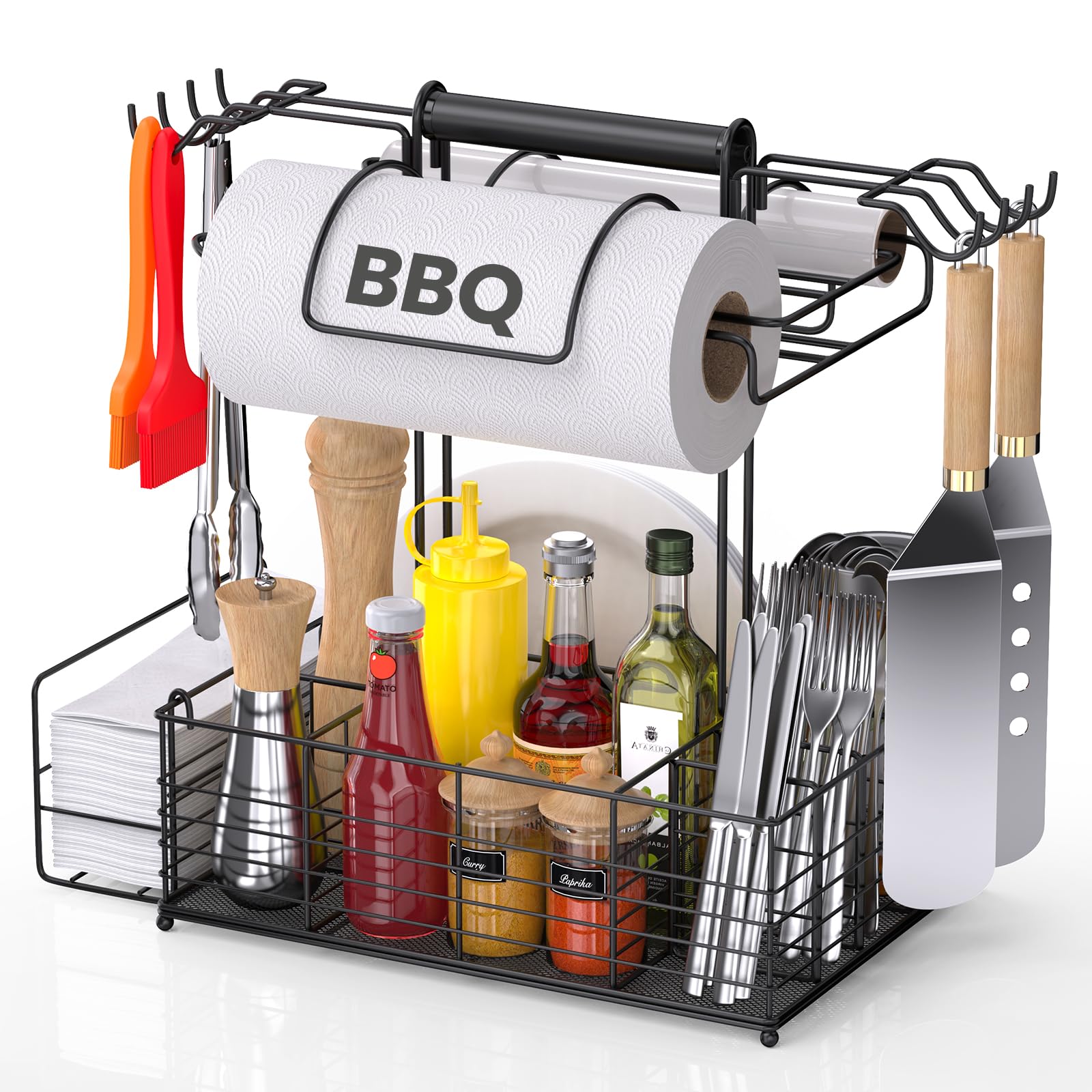 Barbecue Tool Sets Storage Organizer - Grill Caddy for Outdoor Grill with 2 Paper Towel Holders, BBQ Caddy for Outdoor Grill wit