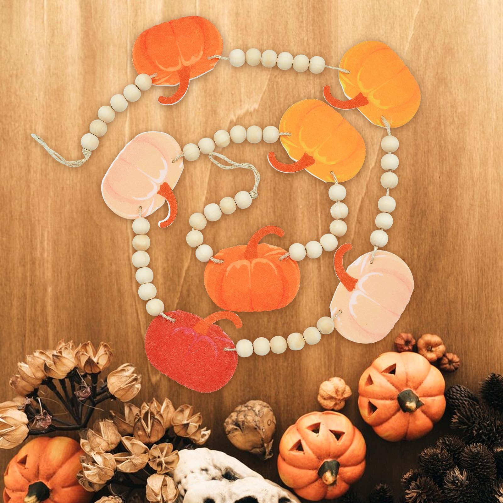 4.2 Ft Thanksgiving Day Wooden Beads Garland With Pumpkin Charms, Orange Autumn Theme Beaded Decor With Felt Pumpkin, Rustic Hal