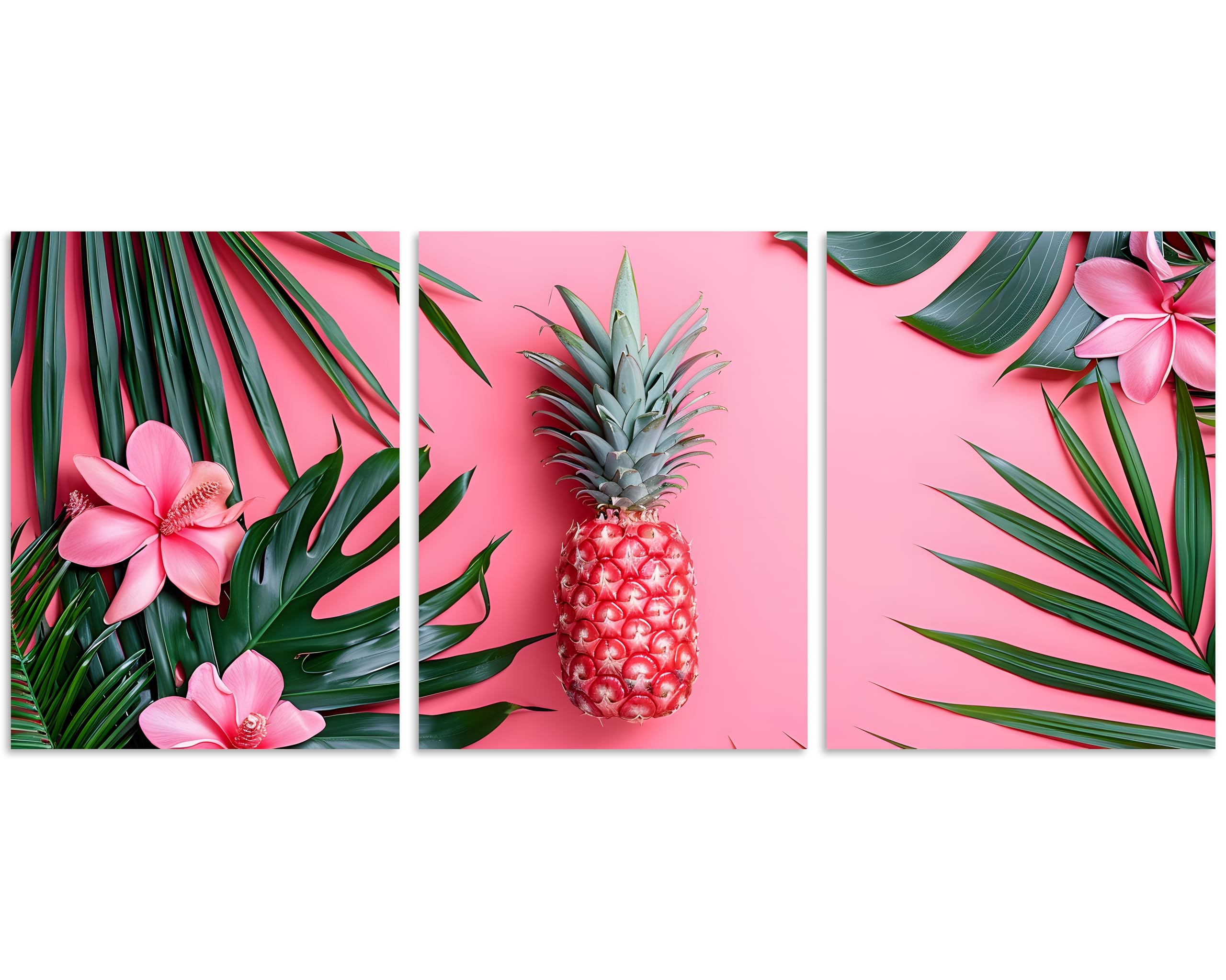 Tutubeer 3 Pcs Tropical Pictures Tropical Palm Leaves And Pink Pineapple Flower Picture Tropical Wall Art Canvas Green And Pink