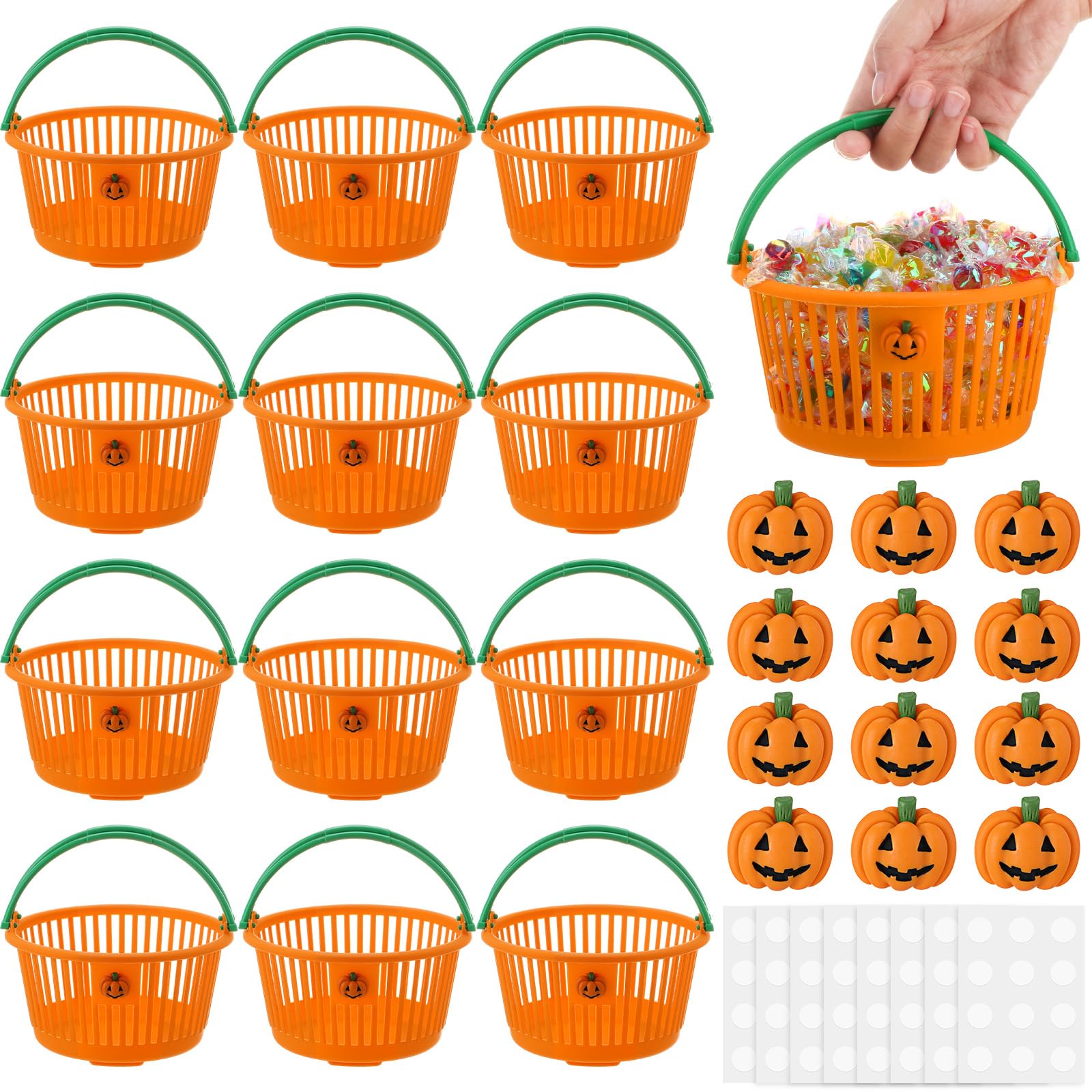Potchen 12 Pcs Halloween Pumpkin Baskets Bulk Trick or Treat Candy Buckets Plastic Devil Smile Candy Basket with Handle Pumpkin 